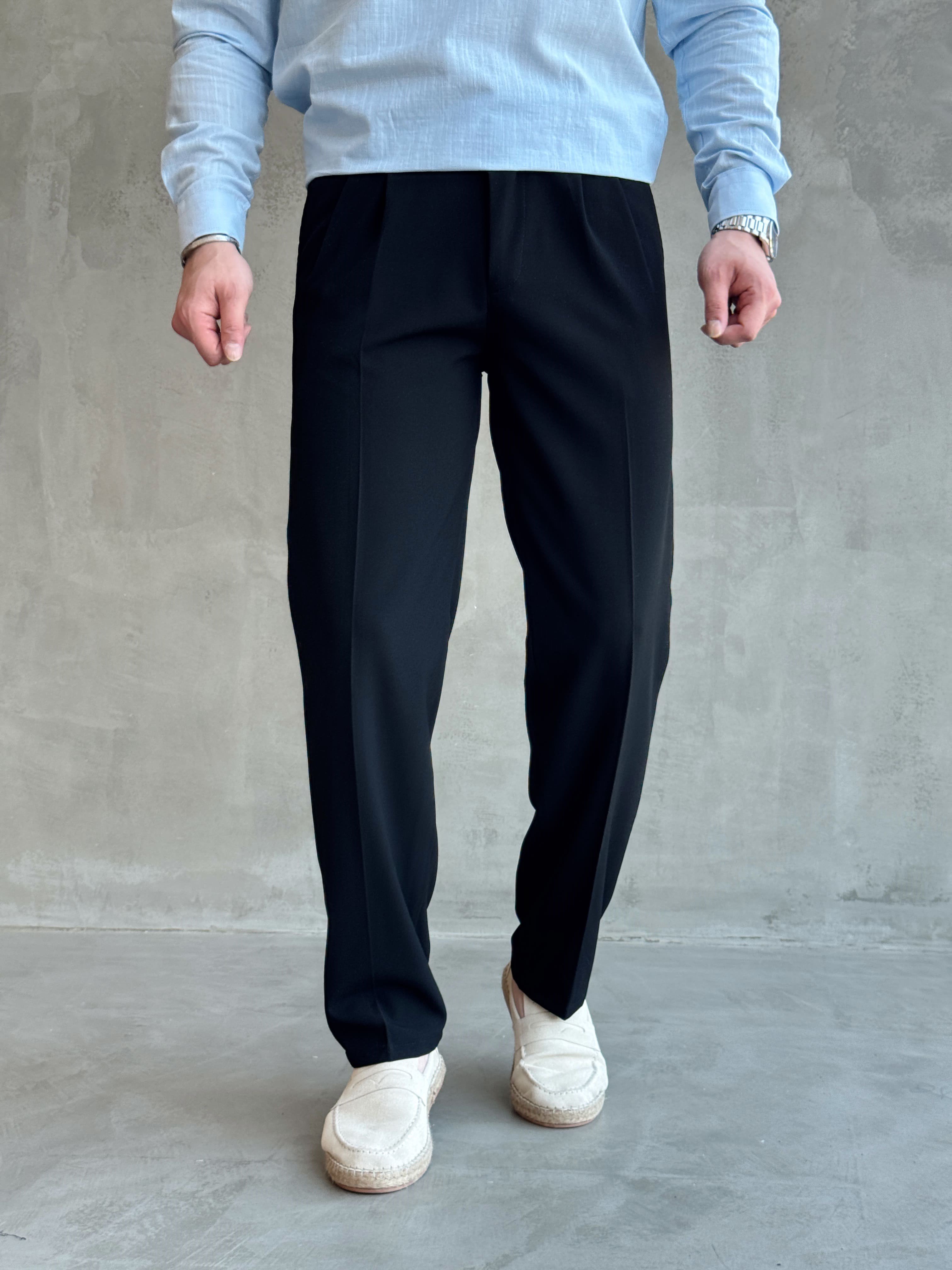 Erkek Pileli Baggy Beli Lastikli Kumaş Pantolon-Siyah(E1010)Ketench