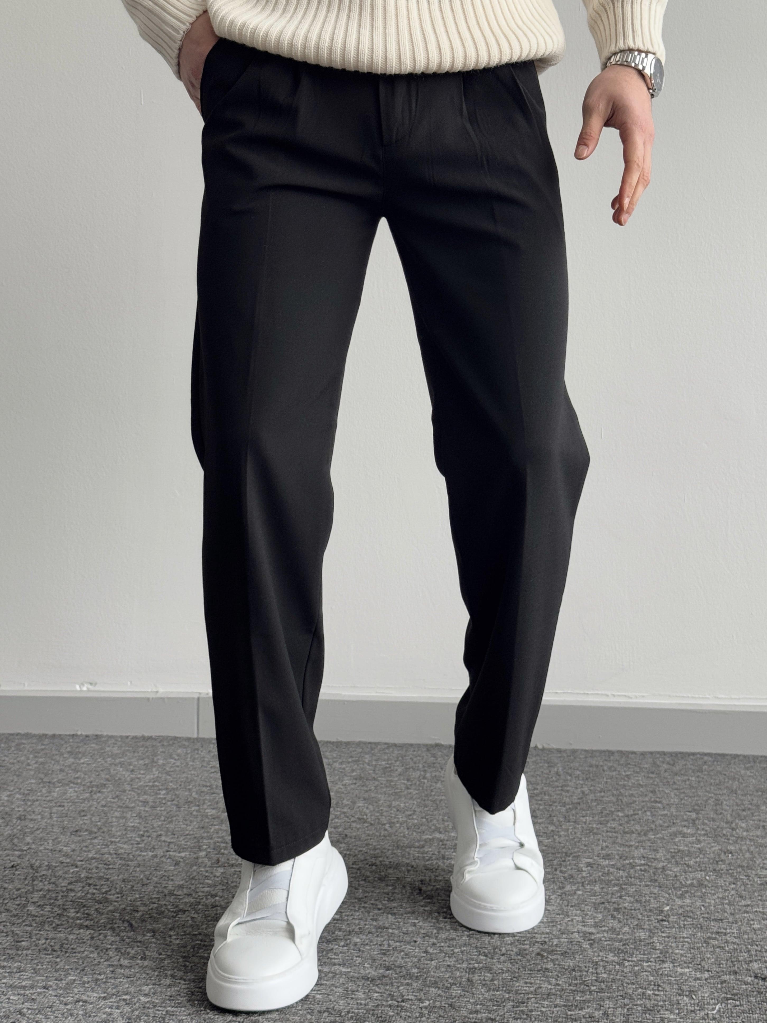 Erkek Pileli Baggy Beli Lastikli Kumaş Pantolon-Siyah(E1010)Ketench
