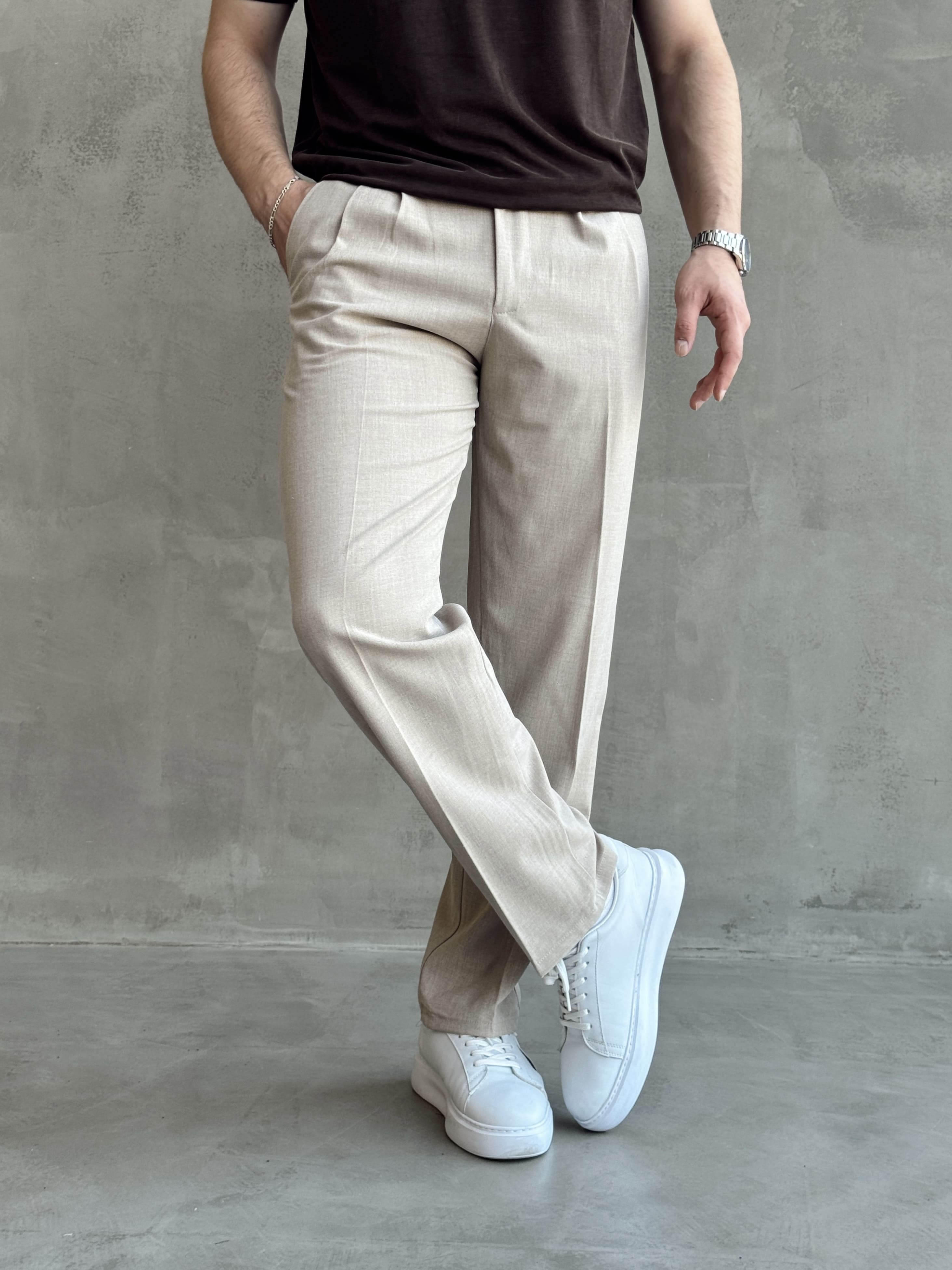 Erkek Pileli Baggy Beli Lastikli Kumaş Pantolon-Sütlü Kahve(E1010)Ketench