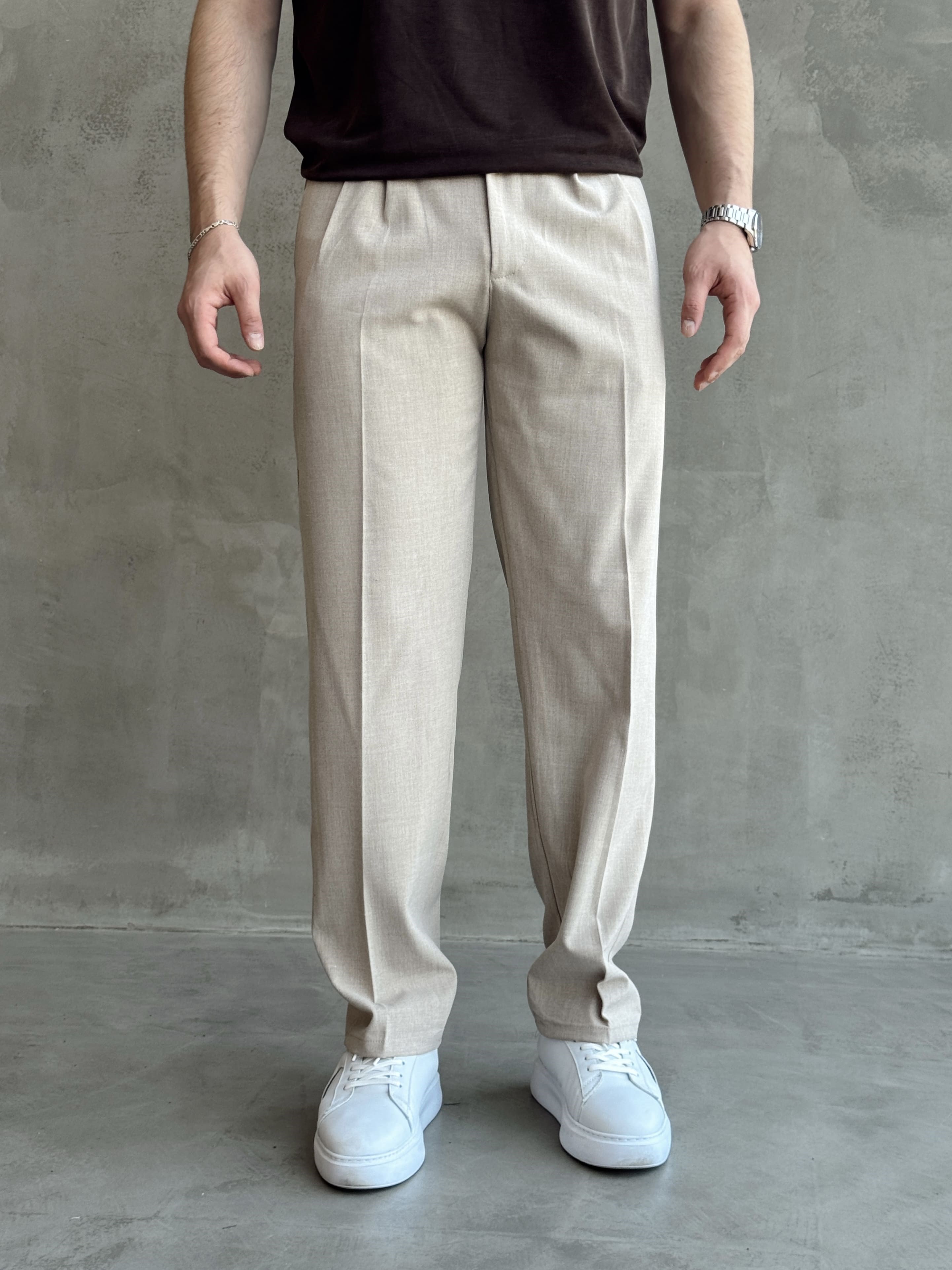 Erkek Pileli Baggy Beli Lastikli Kumaş Pantolon-Sütlü Kahve(E1010)Ketench
