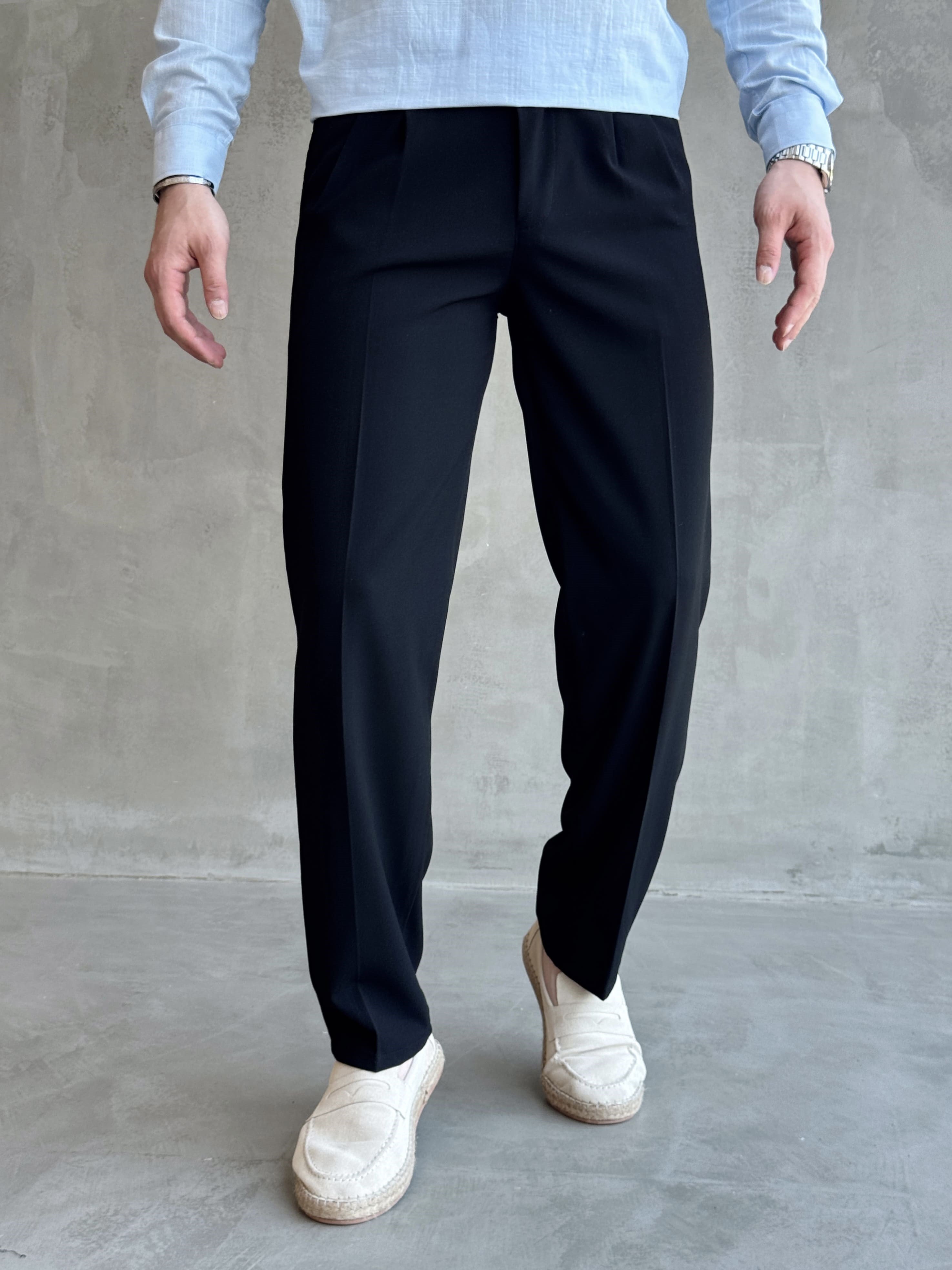 Erkek Pileli Baggy Beli Lastikli Kumaş Pantolon-Siyah(E1010)Ketench