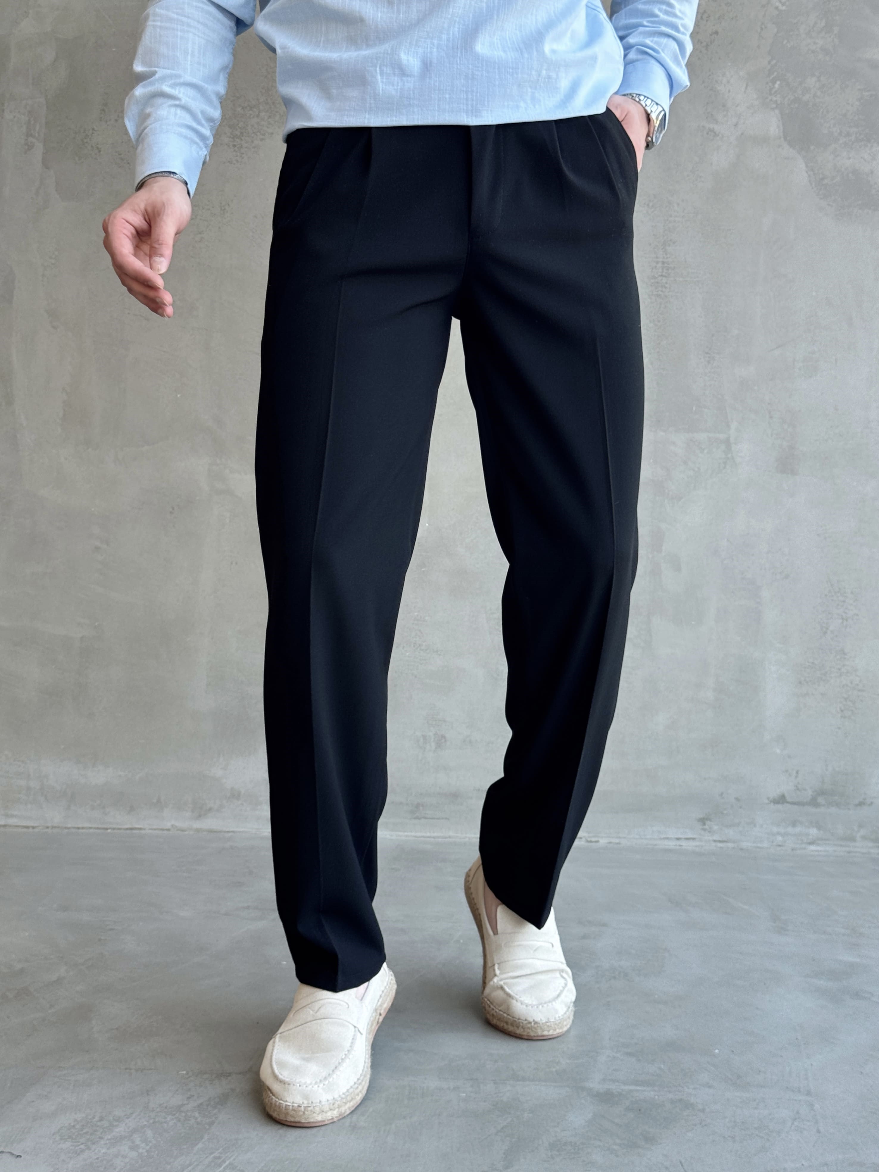 Erkek Pileli Baggy Beli Lastikli Kumaş Pantolon-Siyah(E1010)Ketench