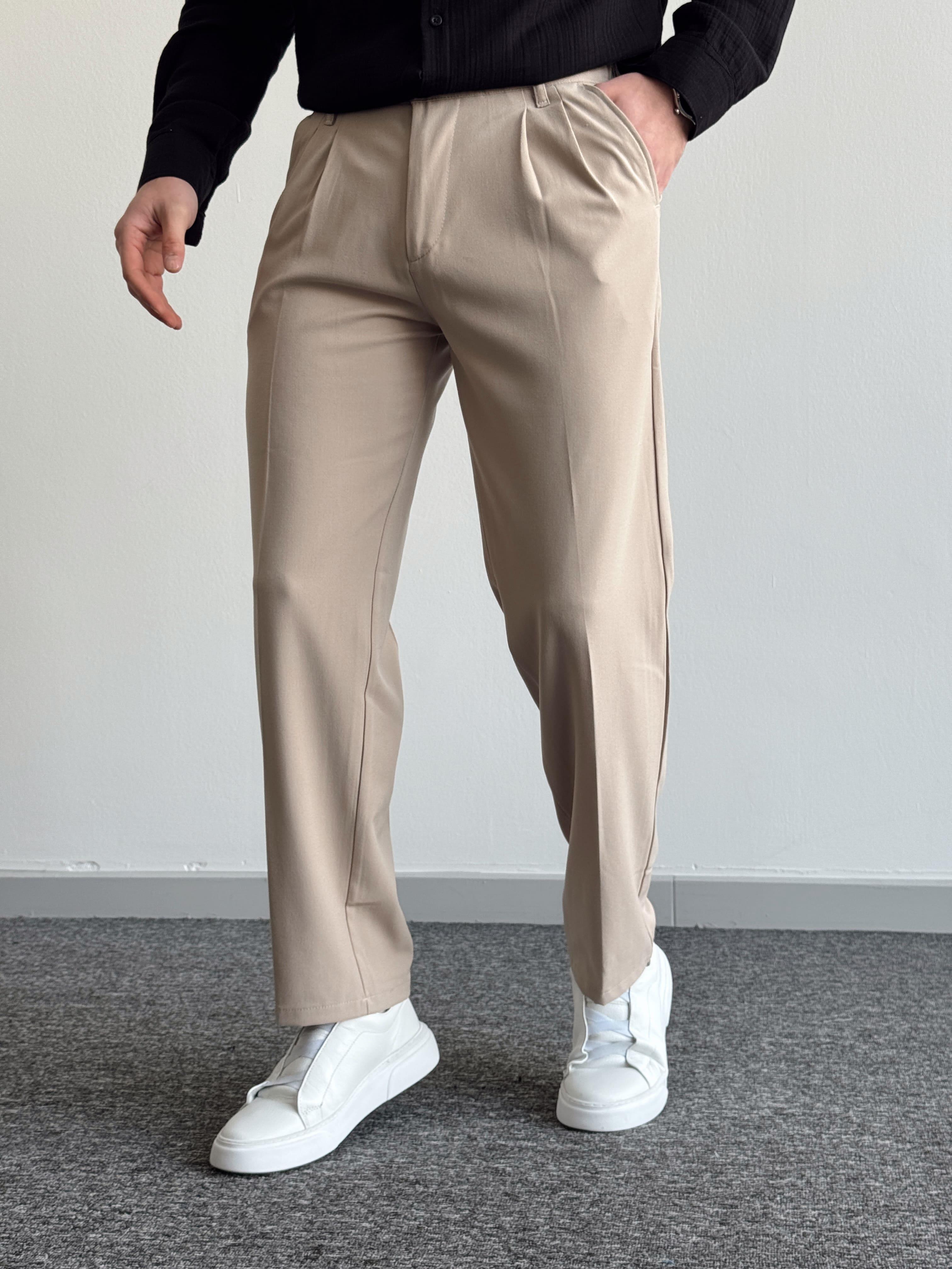 Erkek Pileli Baggy Beli Lastikli Kumaş Pantolon-Bej(E1010)Ketench