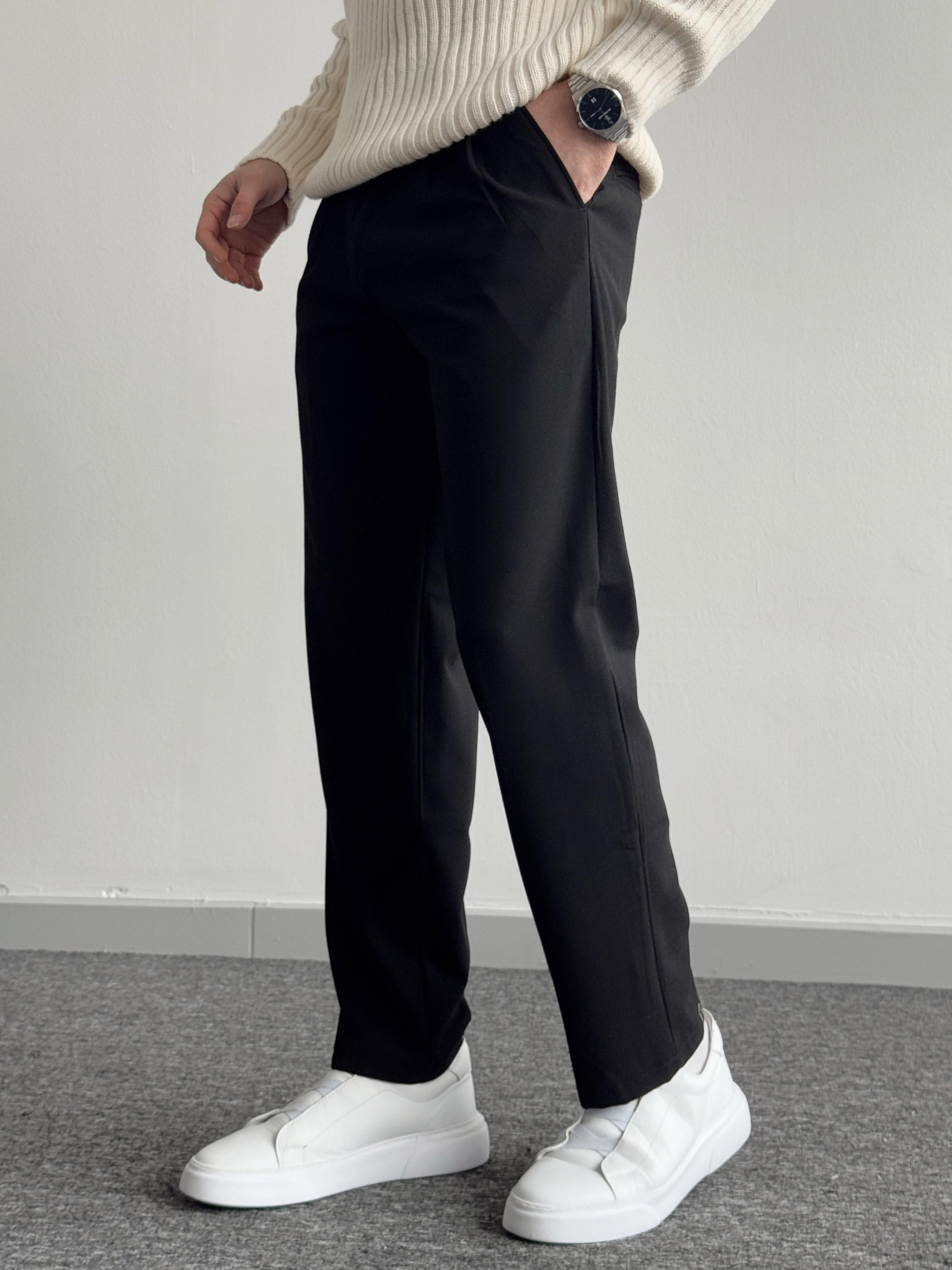 Erkek Pileli Baggy Beli Lastikli Kumaş Pantolon-Siyah(E1010)Ketench