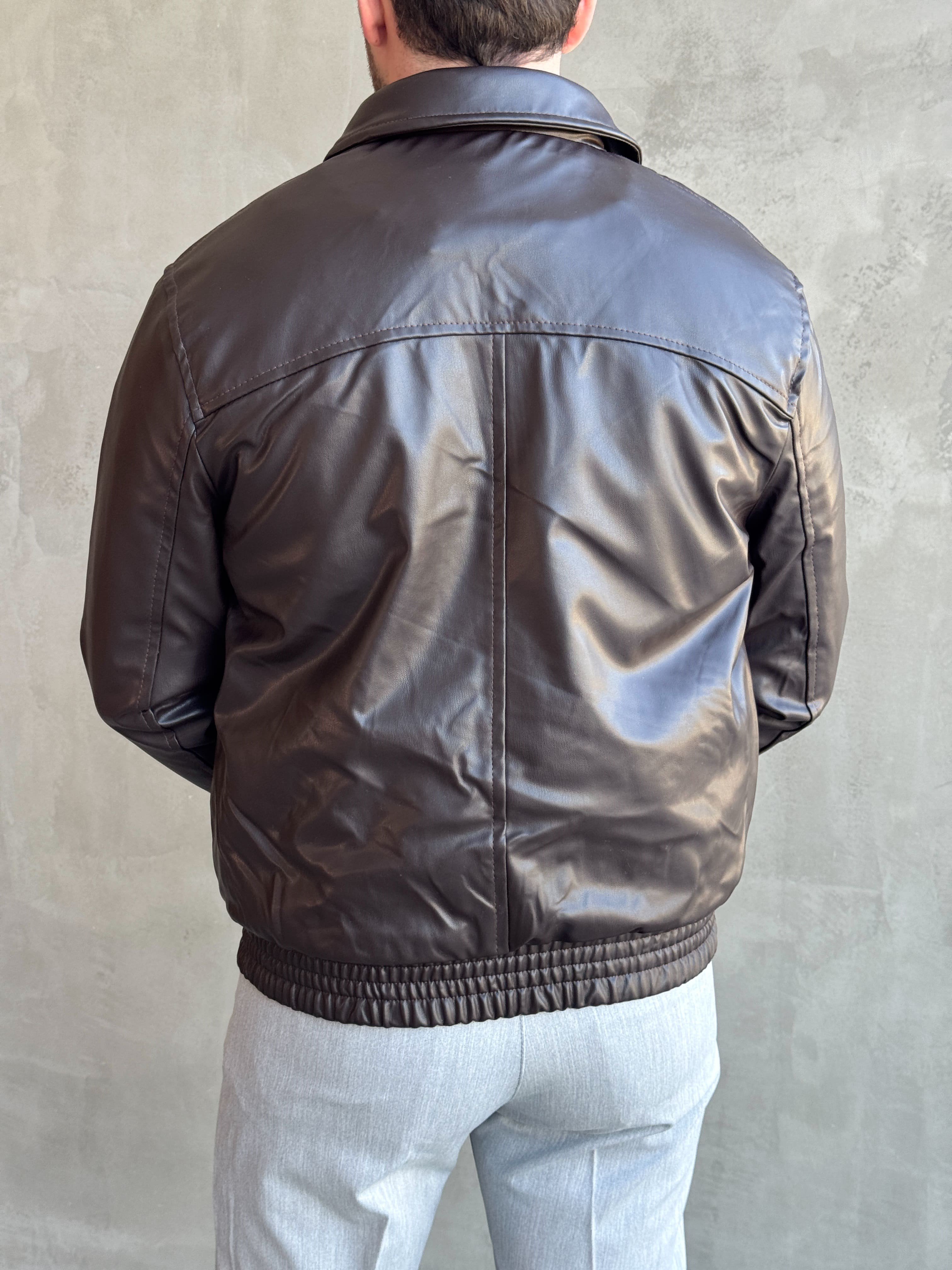 Erkek Popüler Model Regular Kalıp Fermuarlı Dik Yaka Suni Deri Bomber Ceket-Kahverengi(E1877)Ketench