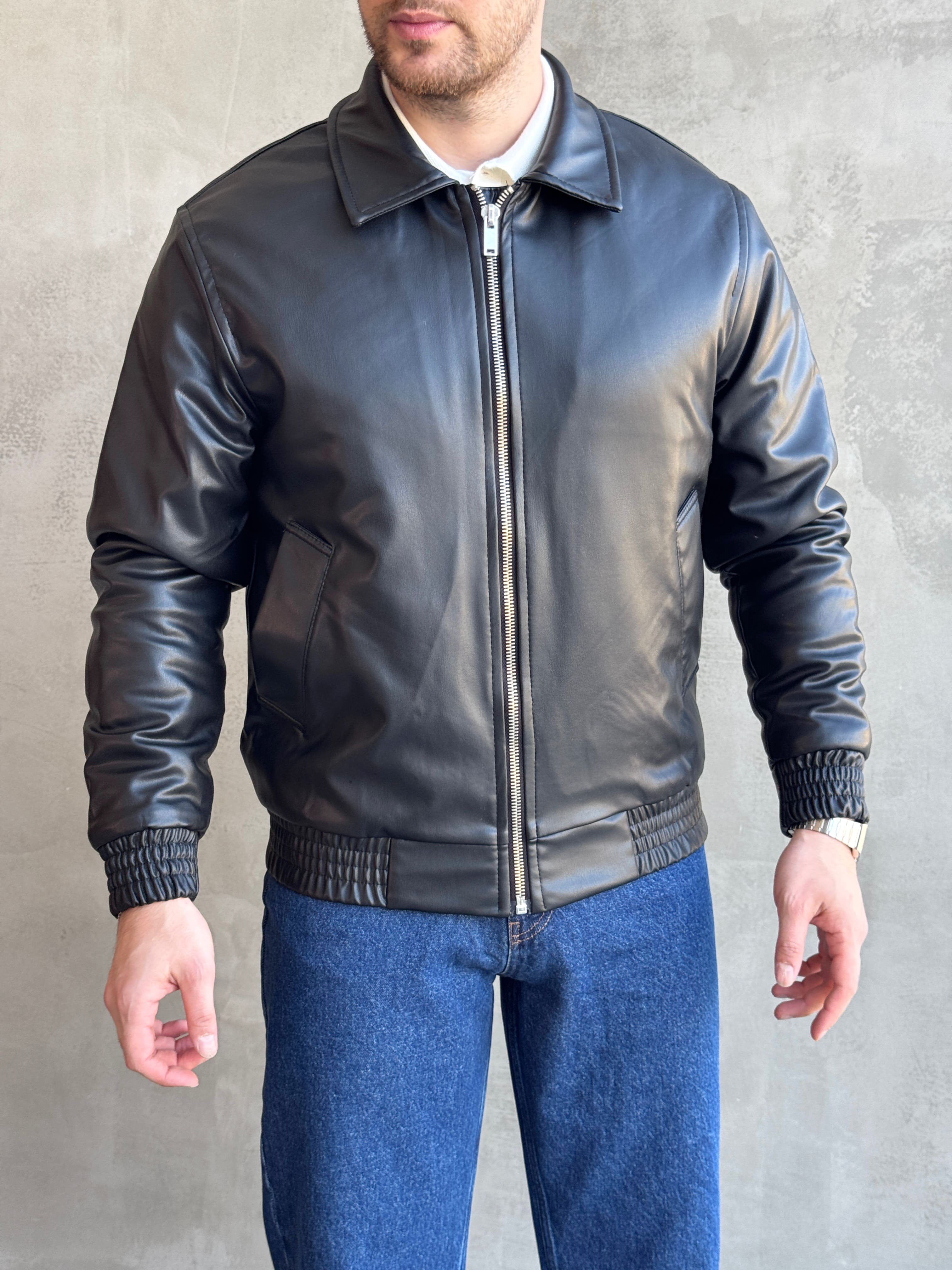 Erkek Popüler Model Regular Kalıp Fermuarlı Dik Yaka Suni Deri Bomber Ceket-Siyah(E1877)Ketench