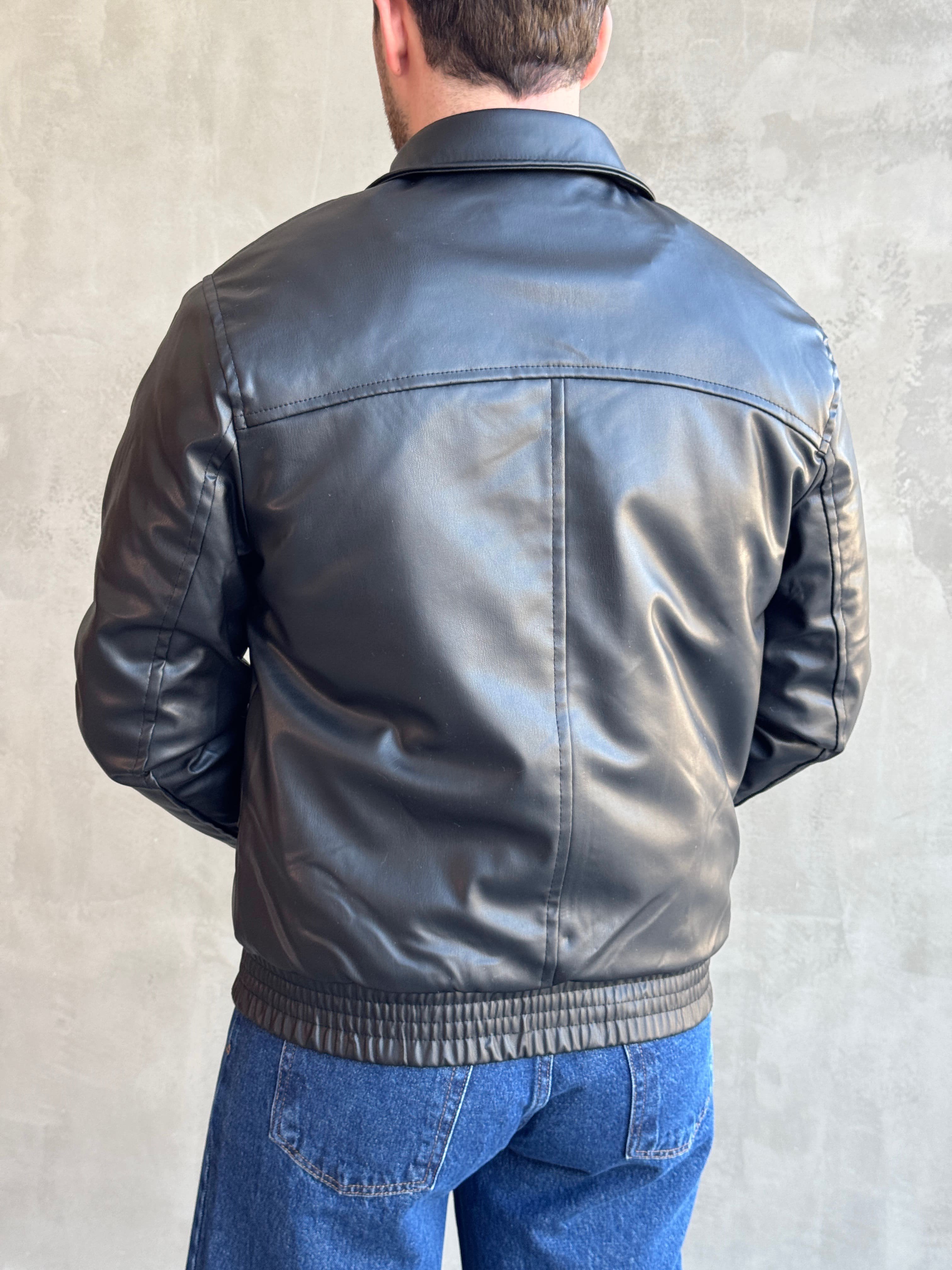 Erkek Popüler Model Regular Kalıp Fermuarlı Dik Yaka Suni Deri Bomber Ceket-Siyah(E1877)Ketench