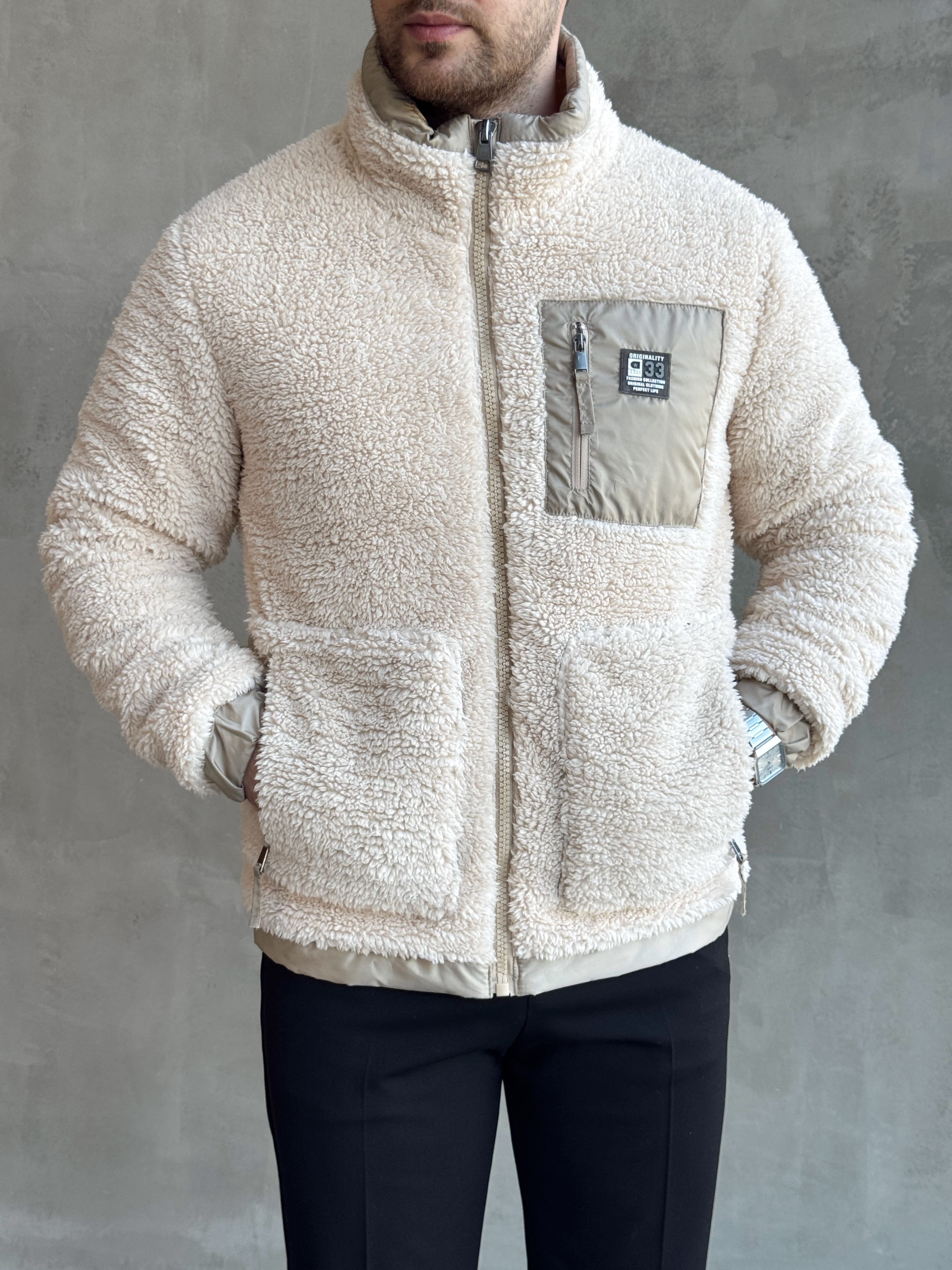 Erkek Popüler Model Regular Kalıp Peluş Kürklü Dik Yaka Cepli Mont-Krem(E1876)Ketench