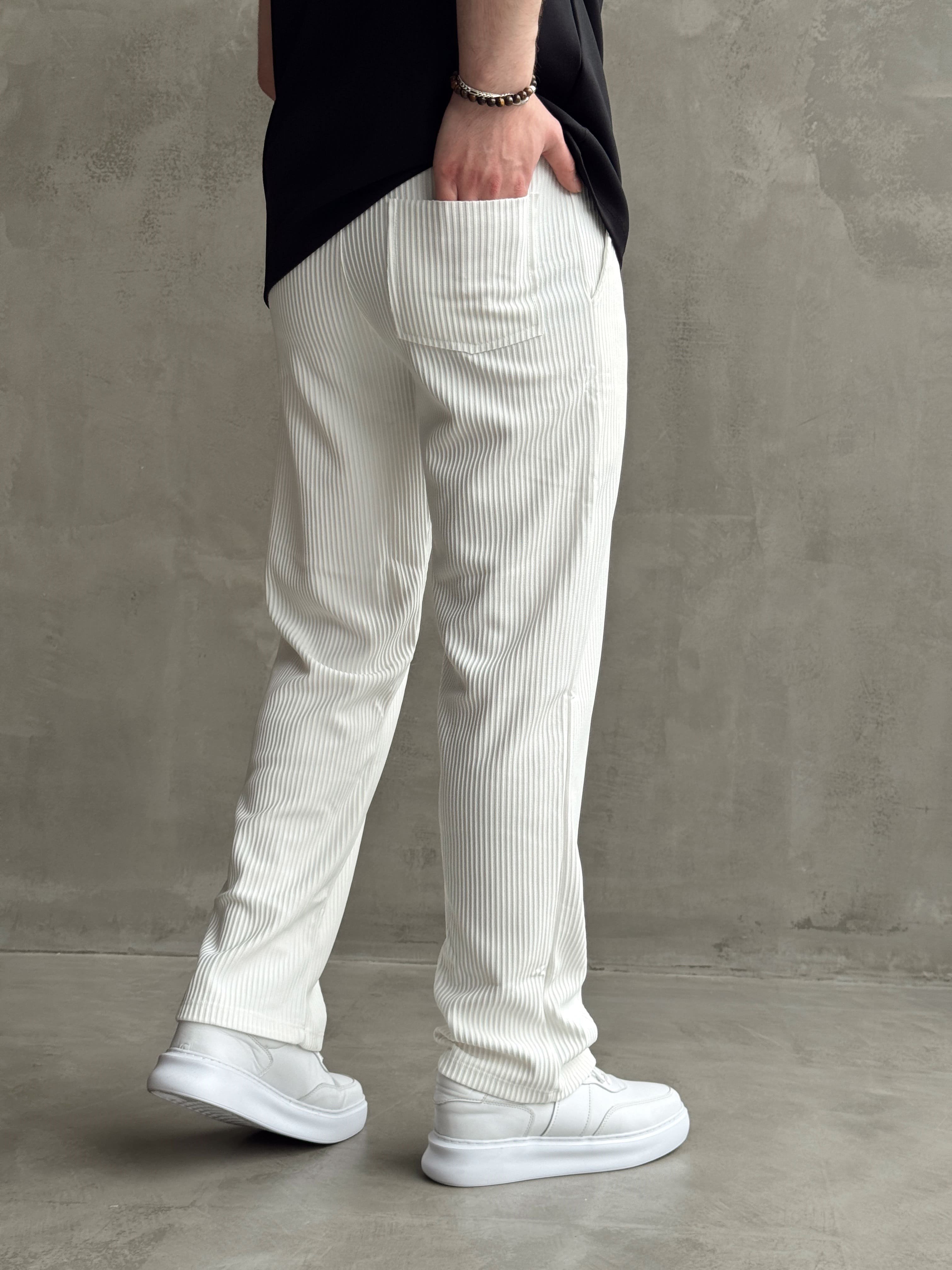 Erkek Premium Kalite Baggy Kalıp Beli Lastikli İp Detay Fitilli Eşofman-Beyaz(E1735)Ketench