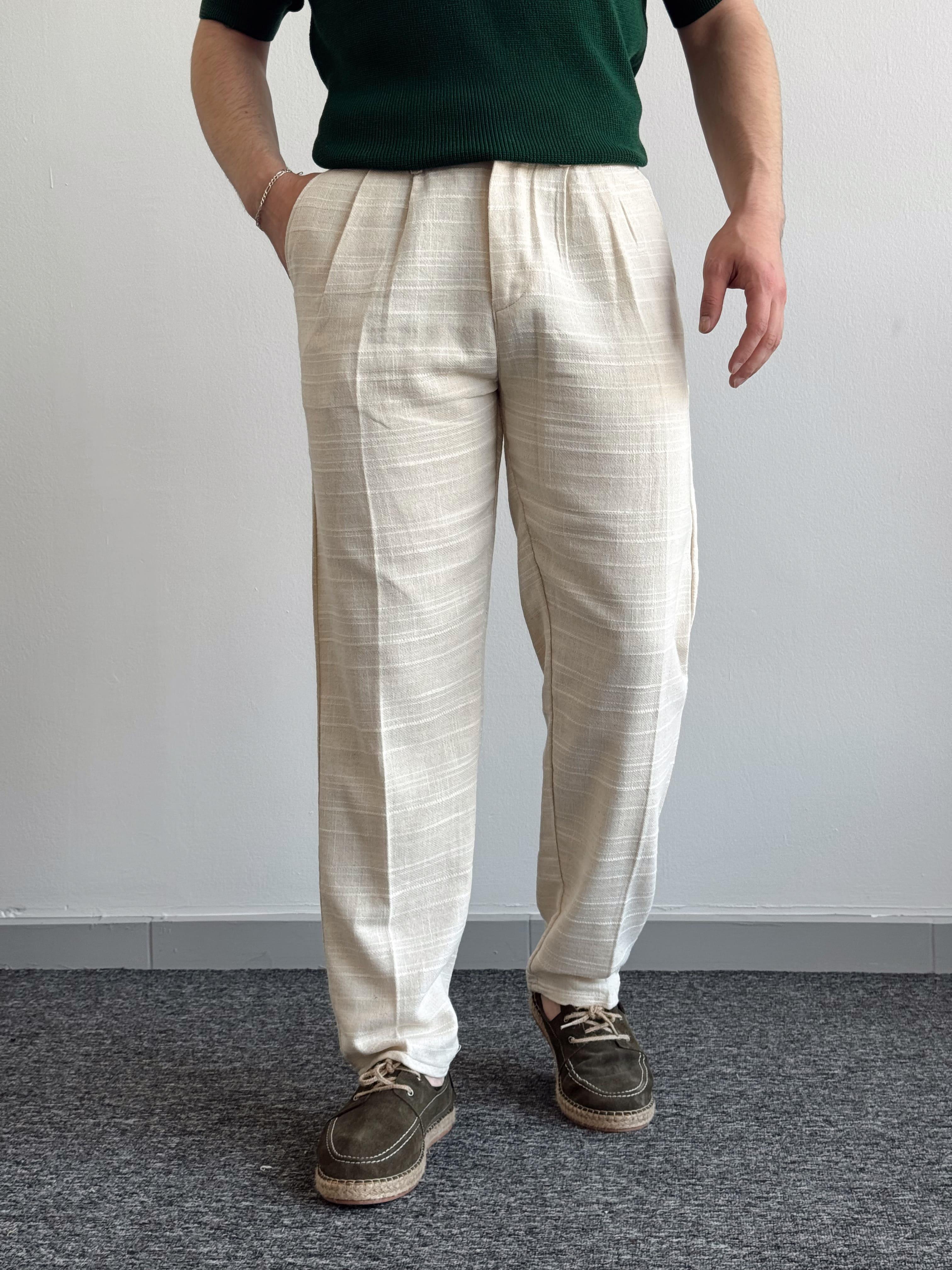 Erkek Premium Kalite Beli Lastikli Çizgi Detay Baggy Kalıp Keten Pantolon-Bej(E1413)Ketench