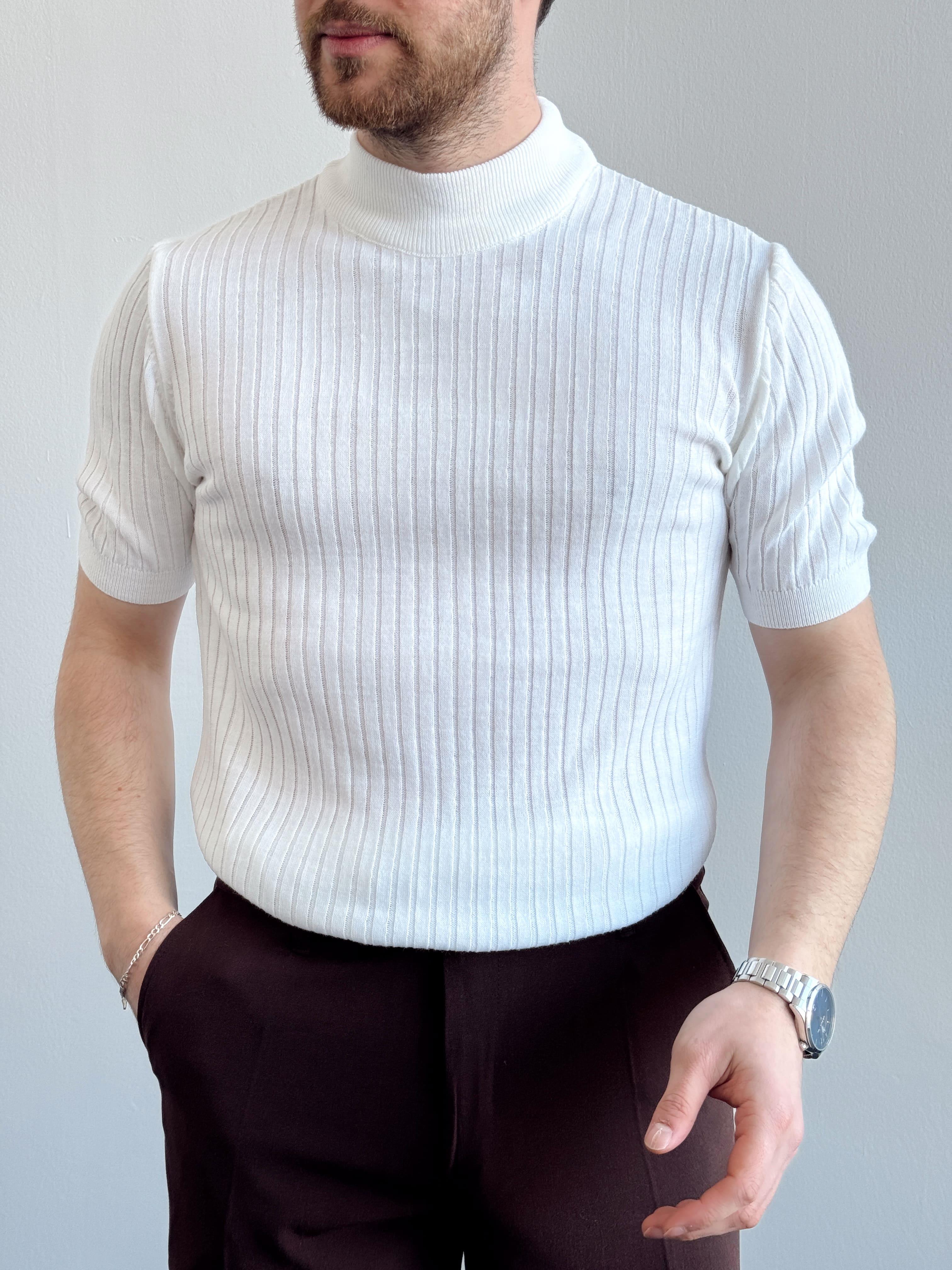 Erkek Premium Kalite Çizgi Detaylı Bisiklet Yaka Triko T-Shirt-Beyaz(E1294)Ketench