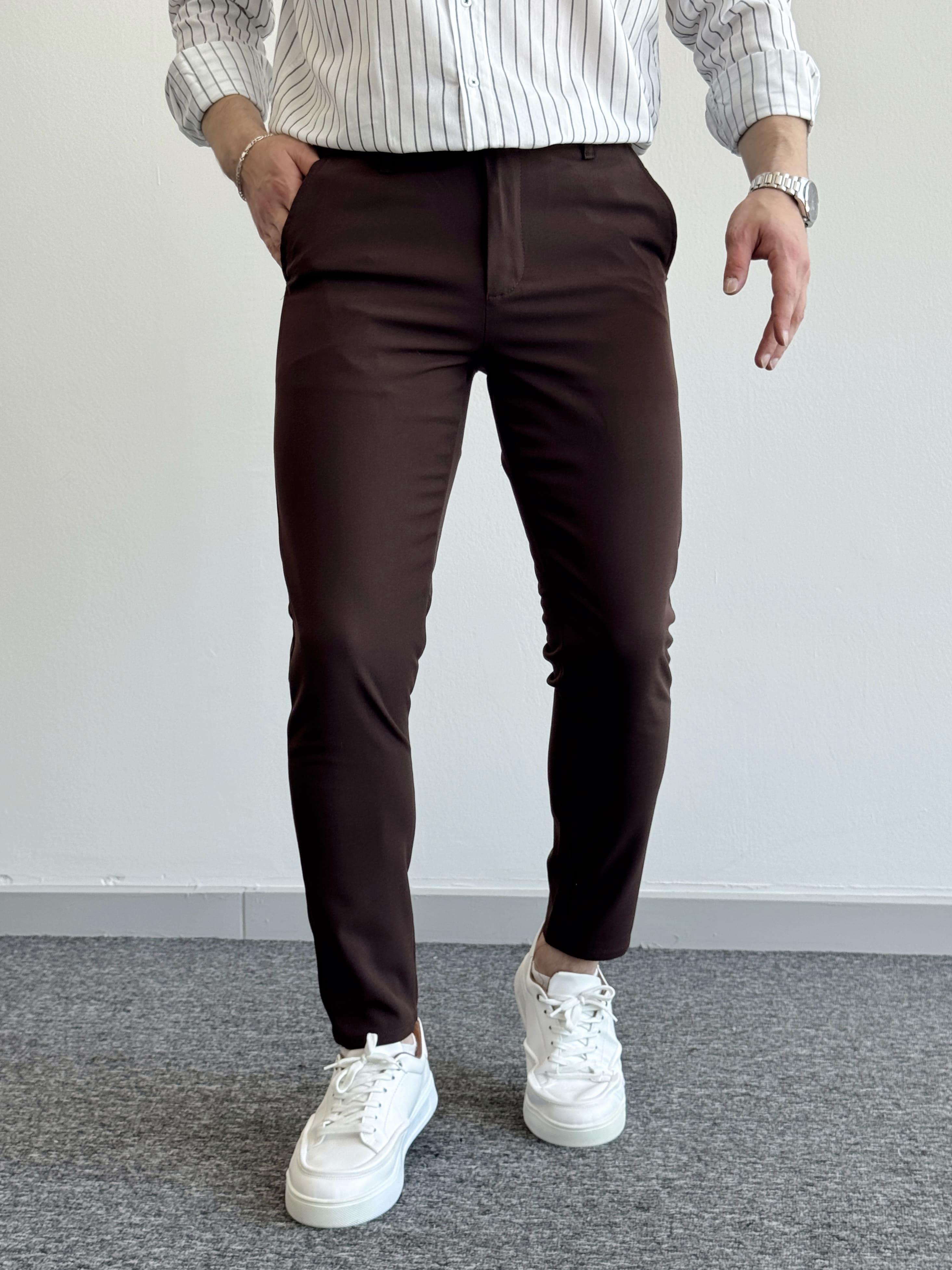 Erkek Premium Kalite Düğme Detay Slim Fit Kalıp Düz Paça Kumaş Pantolon-Kahverengi(E1435)Ketench