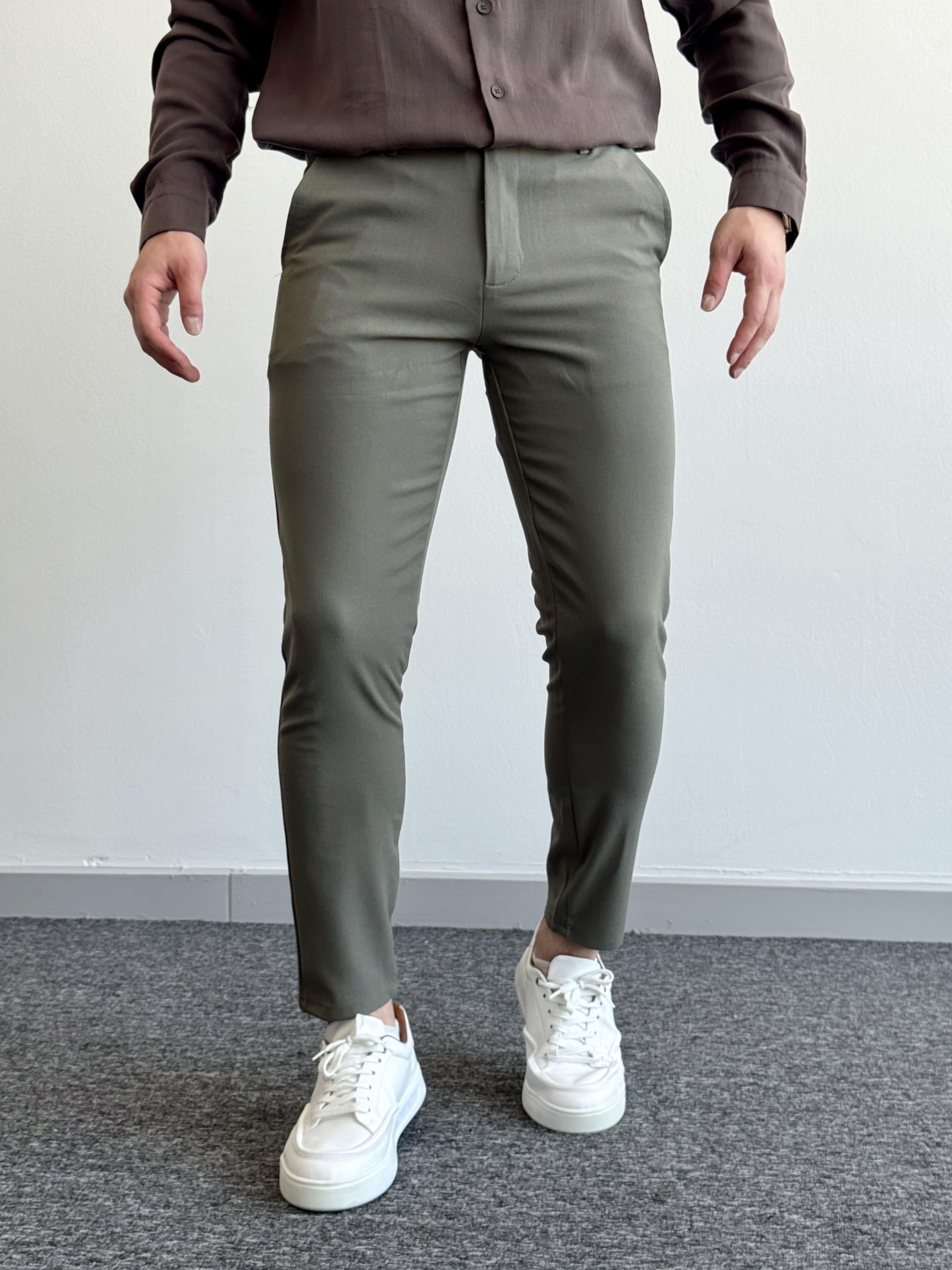 Erkek Premium Kalite Düğme Detay Slim Fit Kalıp Düz Paça Kumaş Pantolon-Haki(E1435)Ketench