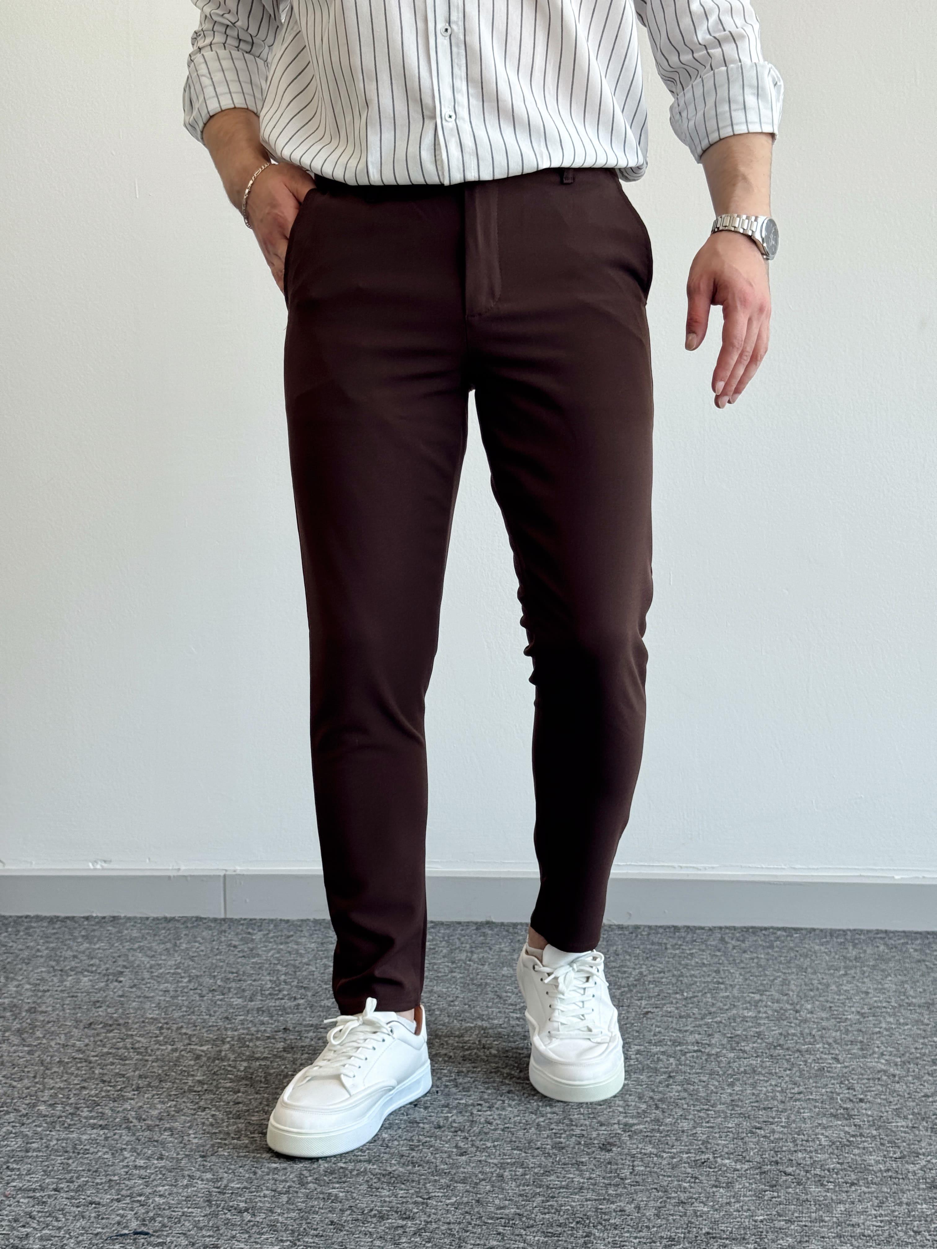 Erkek Premium Kalite Düğme Detay Slim Fit Kalıp Düz Paça Kumaş Pantolon-Kahverengi(E1435)Ketench
