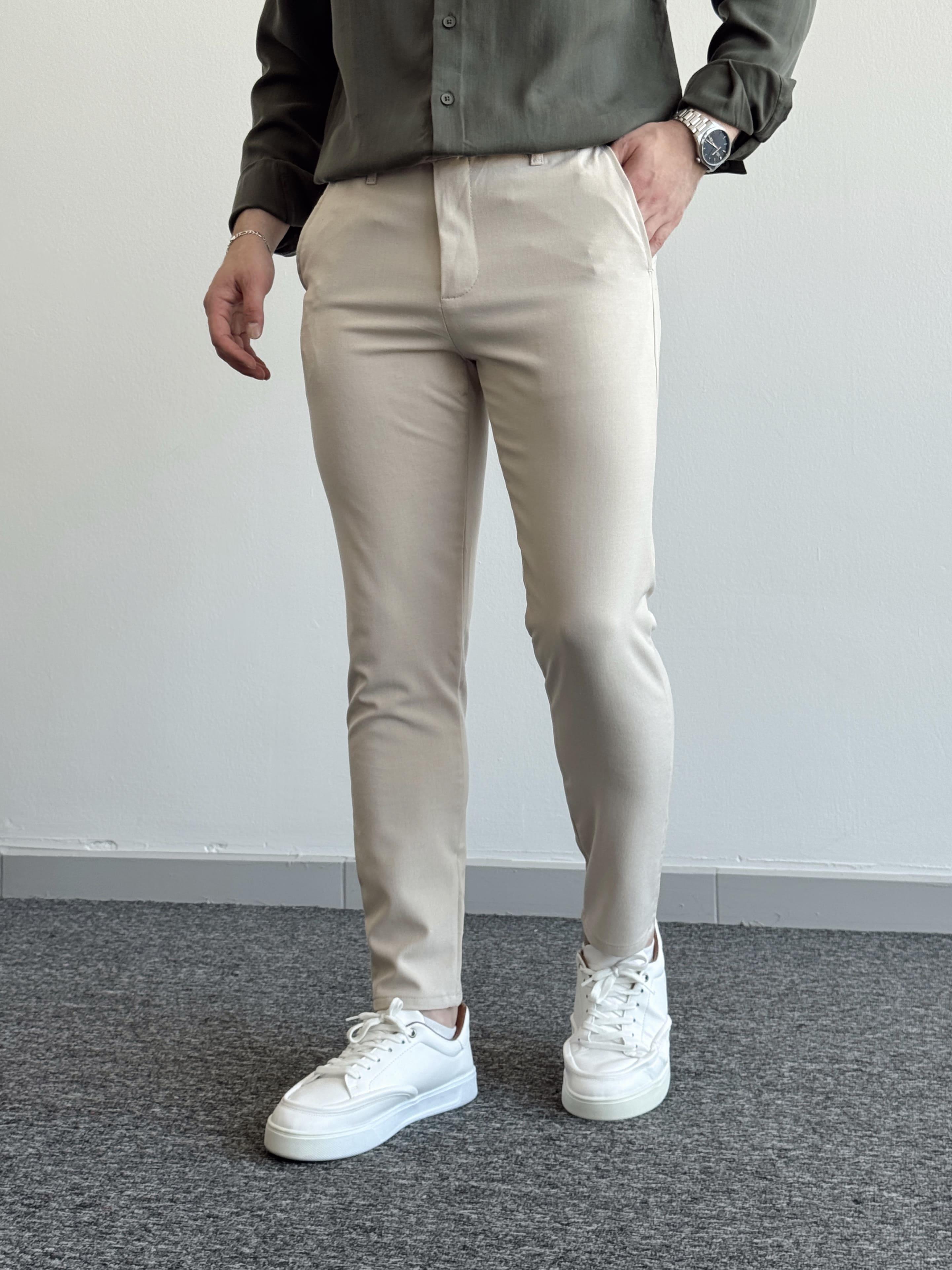 Erkek Premium Kalite Düğme Detay Slim Fit Kalıp Düz Paça Kumaş Pantolon-Bej(E1435)Ketench