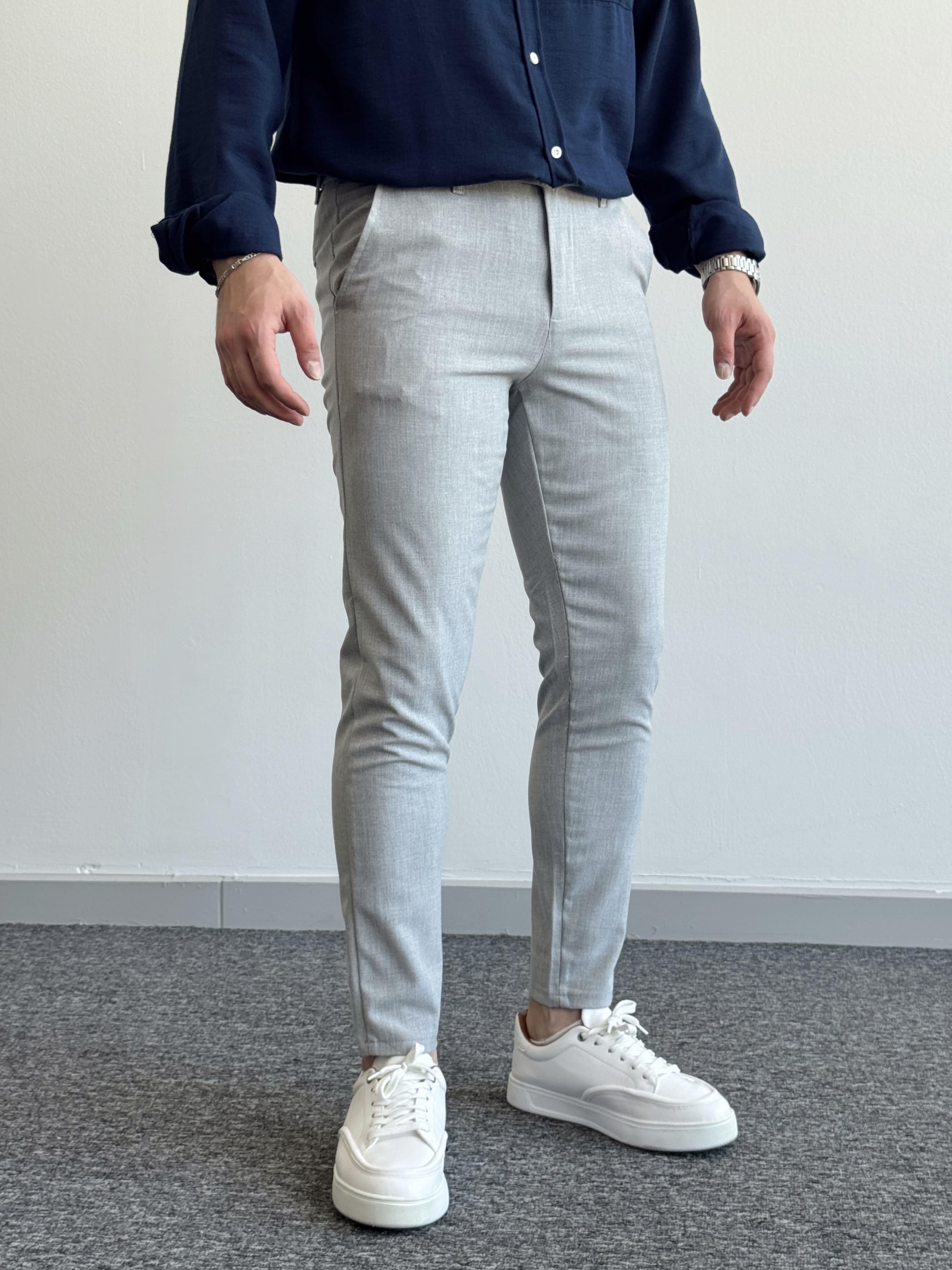 Erkek Premium Kalite Düğme Detay Slim Fit Kalıp Düz Paça Kumaş Pantolon-Gri(E1435)Ketench