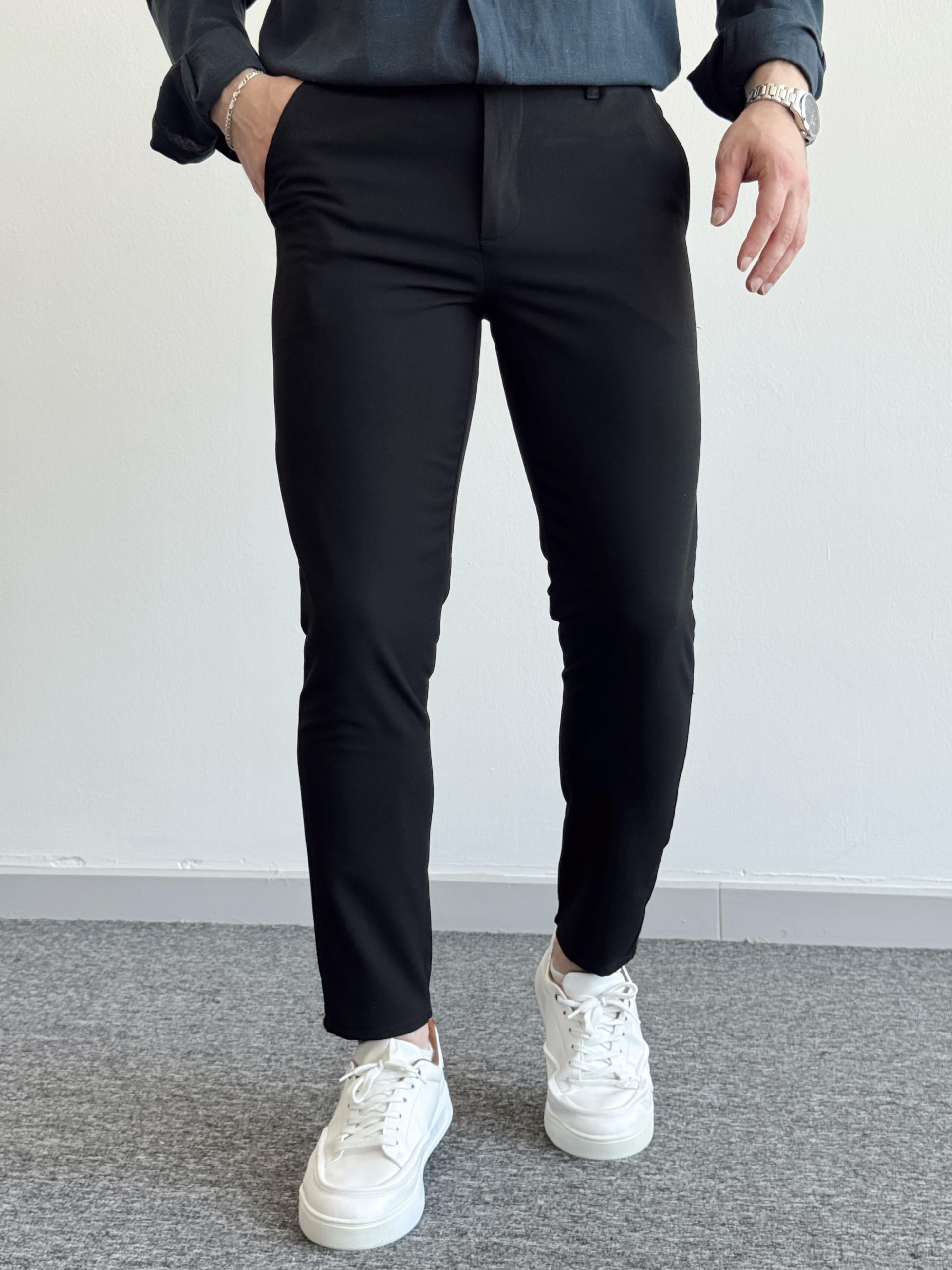 Erkek Premium Kalite Düğme Detay Slim Fit Kalıp Düz Paça Kumaş Pantolon-Siyah(E1435)Ketench
