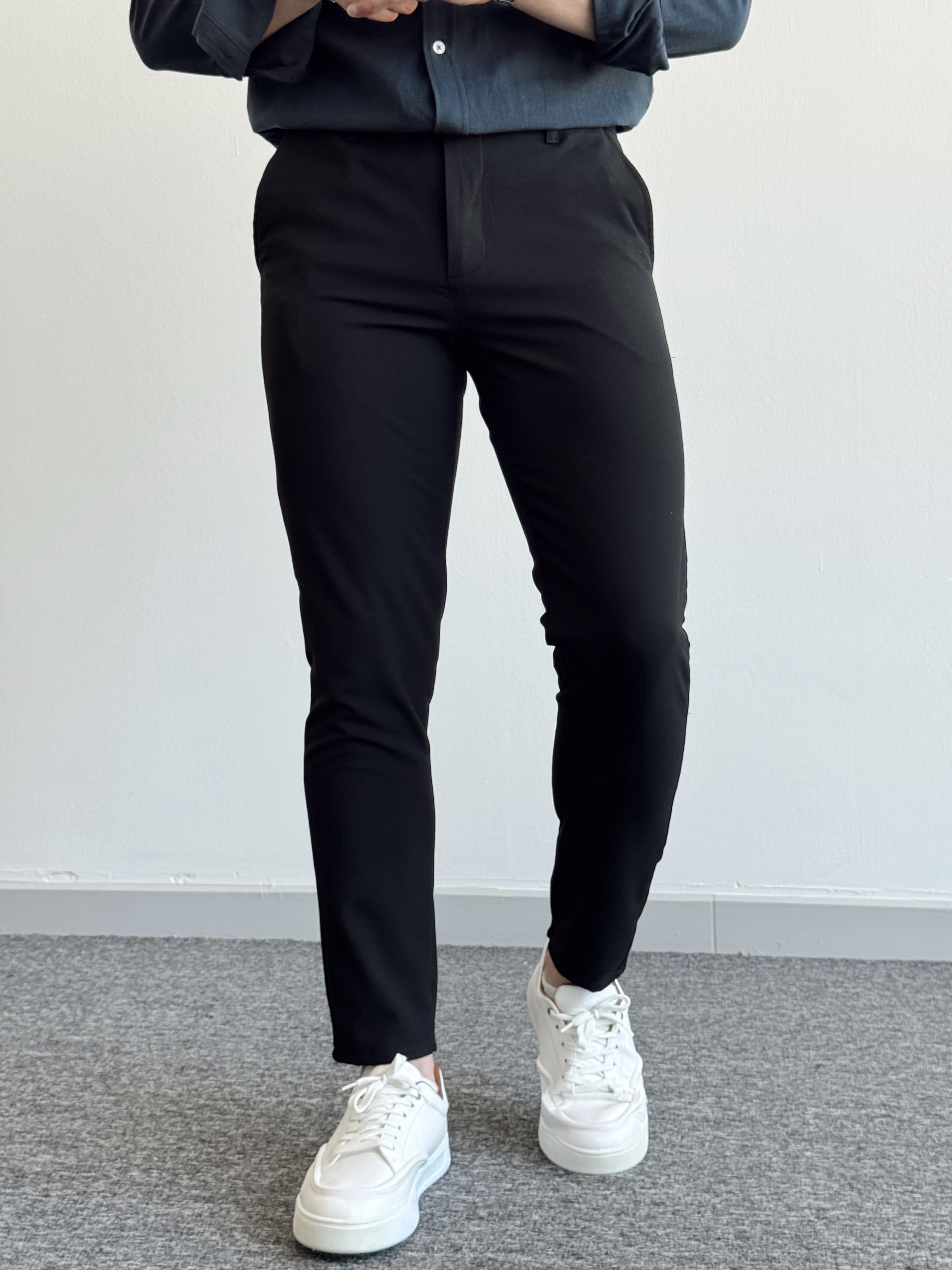 Erkek Premium Kalite Düğme Detay Slim Fit Kalıp Düz Paça Kumaş Pantolon-Siyah(E1435)Ketench