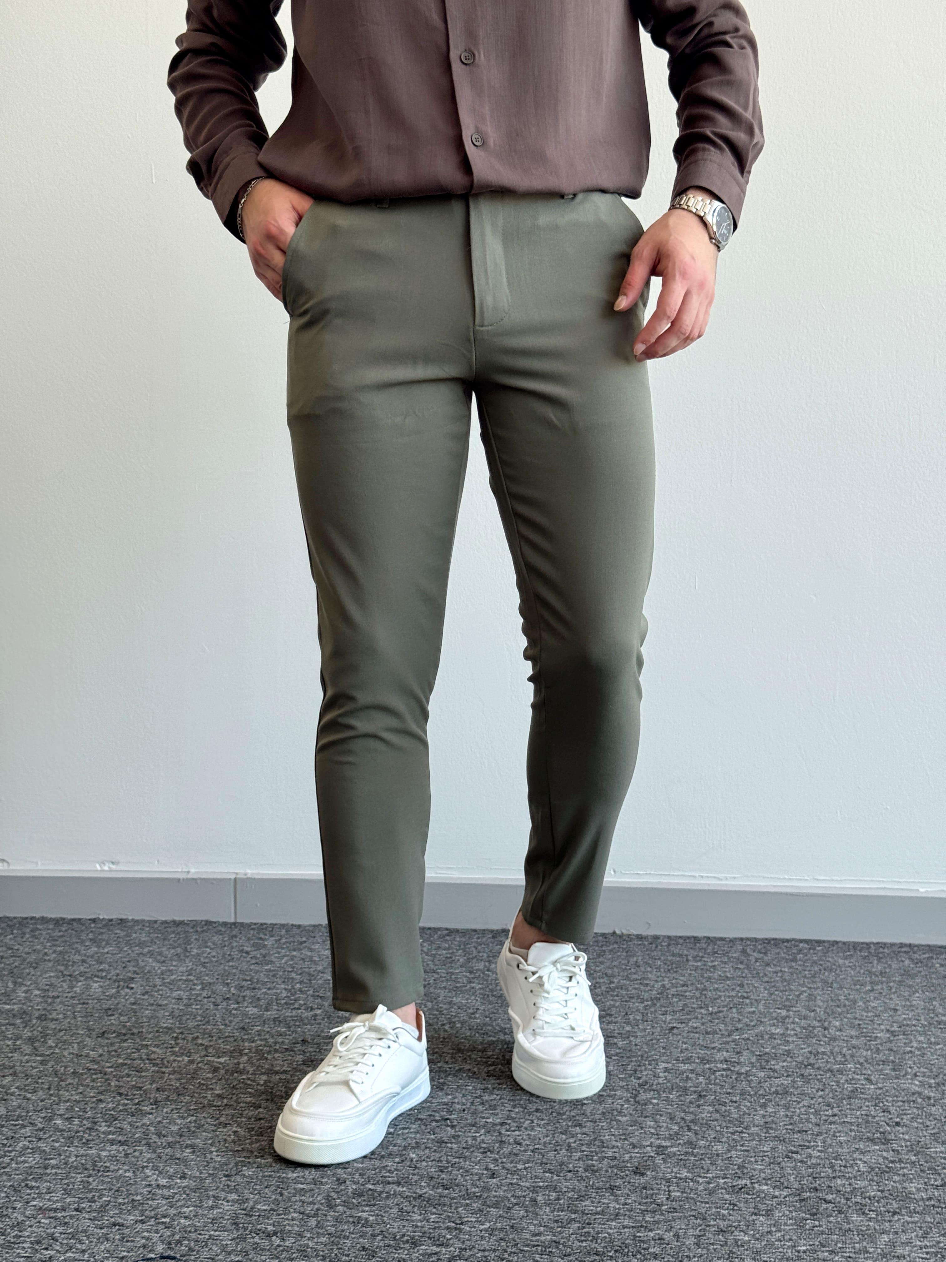 Erkek Premium Kalite Düğme Detay Slim Fit Kalıp Düz Paça Kumaş Pantolon-Haki(E1435)Ketench