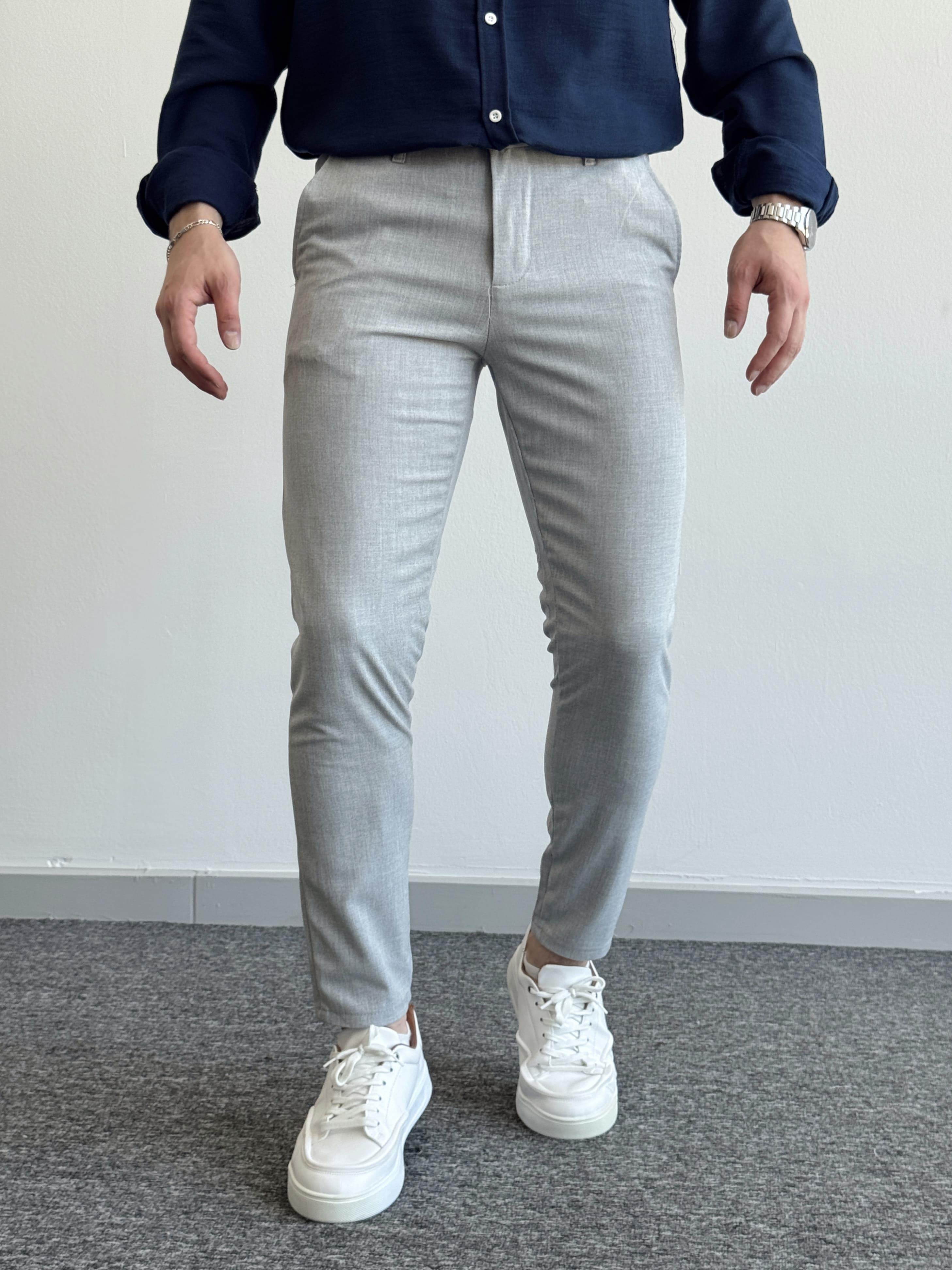 Erkek Premium Kalite Düğme Detay Slim Fit Kalıp Düz Paça Kumaş Pantolon-Gri(E1435)Ketench