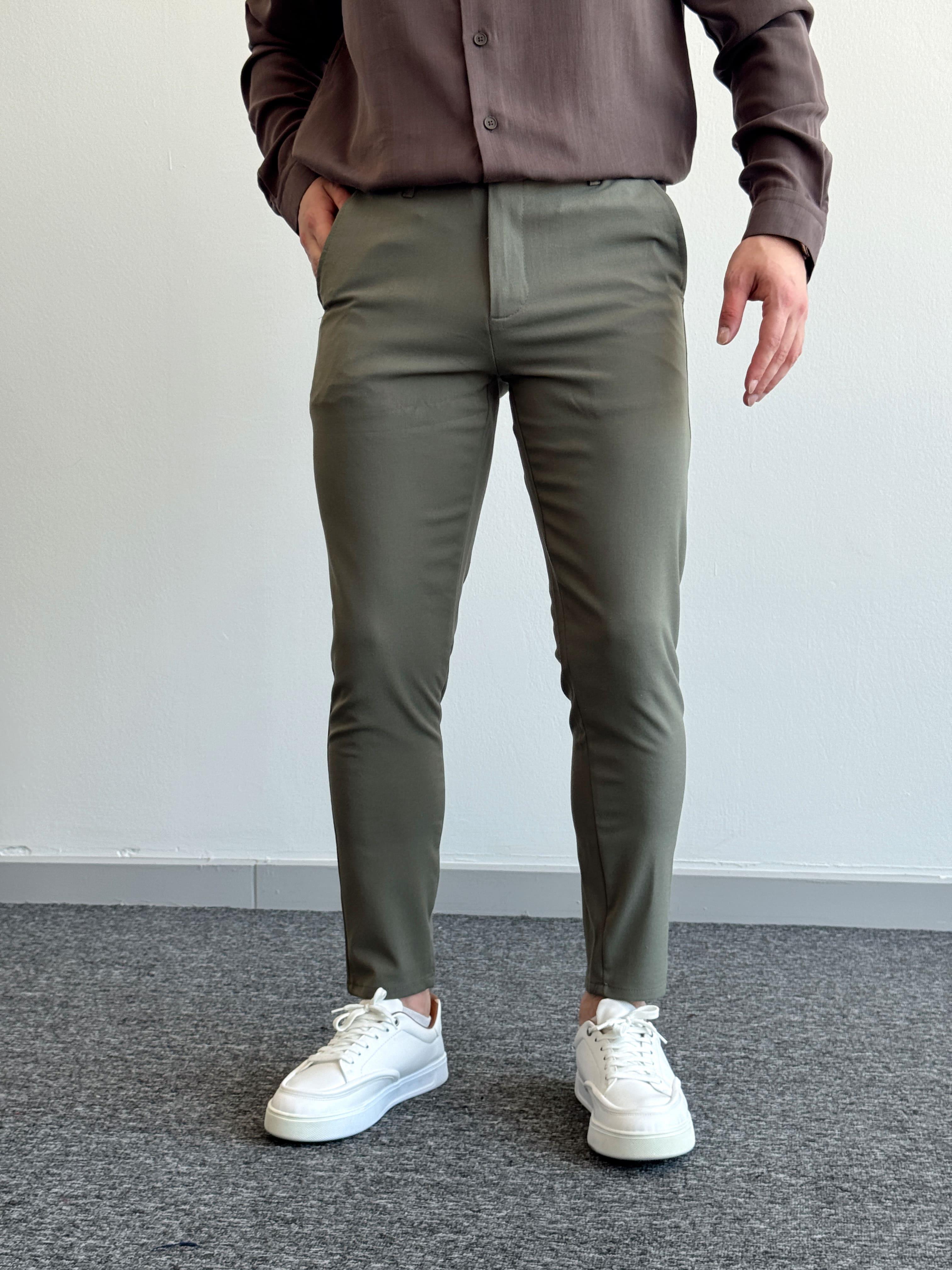 Erkek Premium Kalite Düğme Detay Slim Fit Kalıp Düz Paça Kumaş Pantolon-Haki(E1435)Ketench