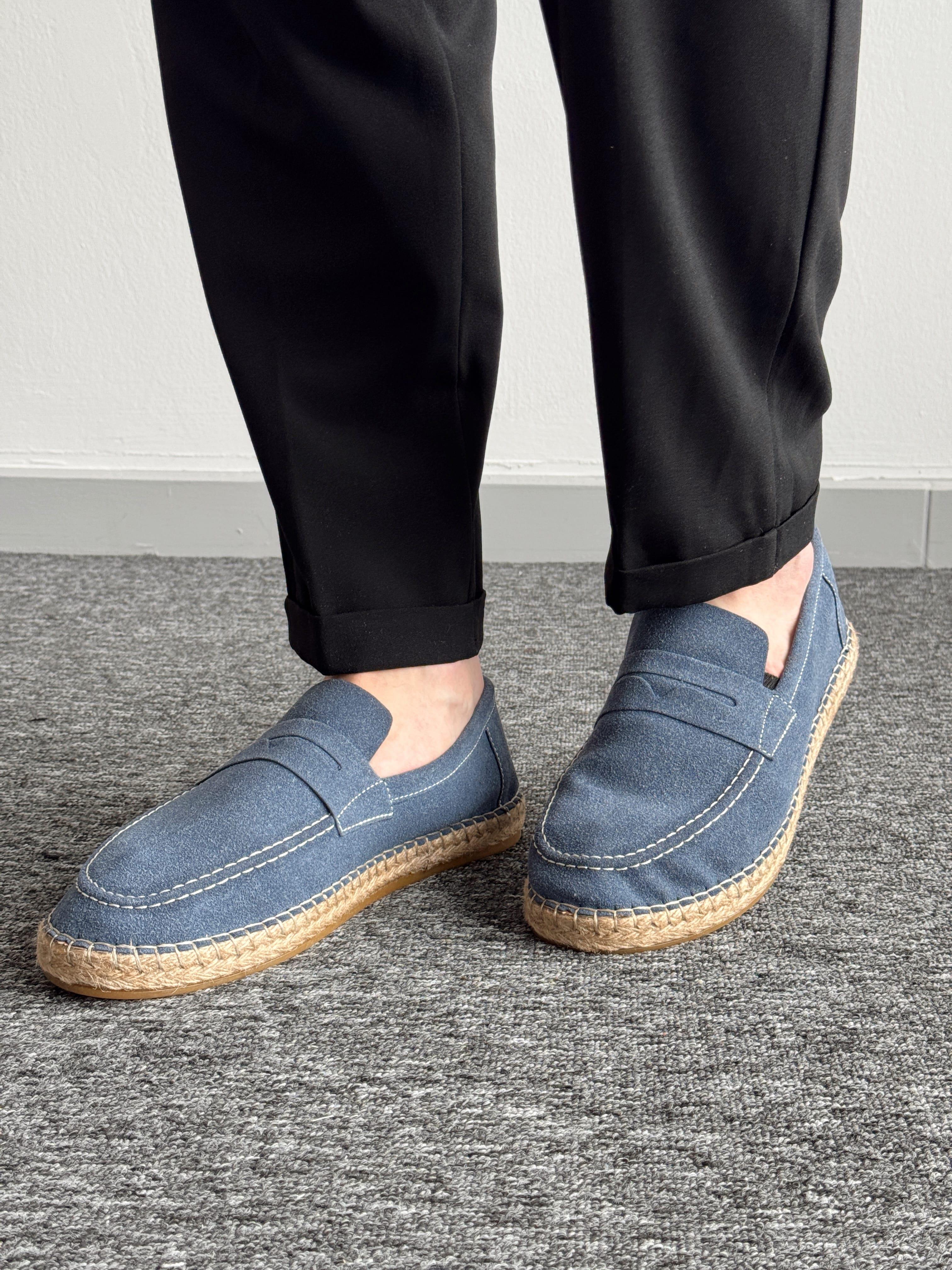 Erkek Premium Kalite Hasır Tabanlı Süet Loafer Ayakkabı-Mavi(E1347)Ketench