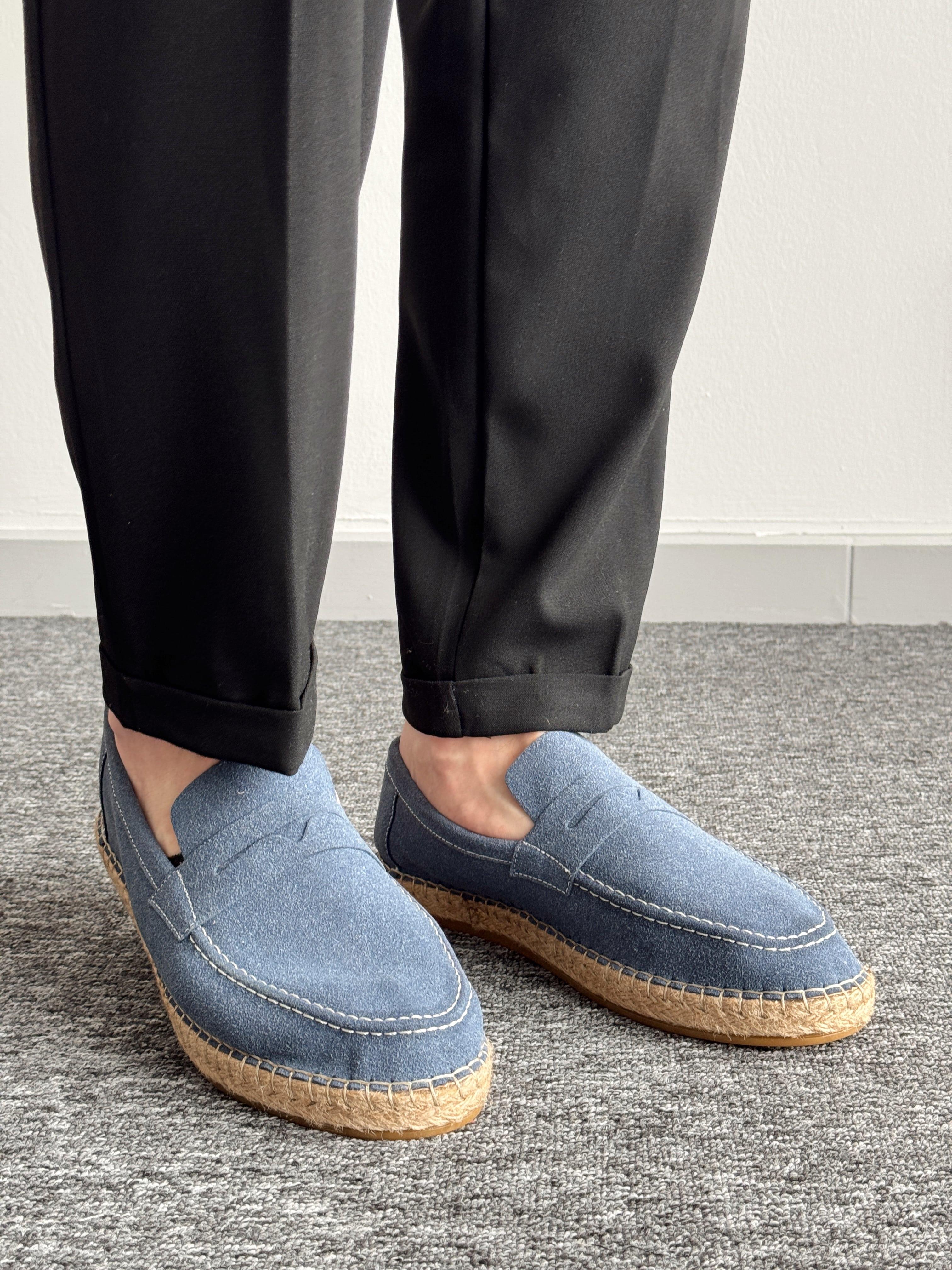 Erkek Premium Kalite Hasır Tabanlı Süet Loafer Ayakkabı-Mavi(E1347)Ketench