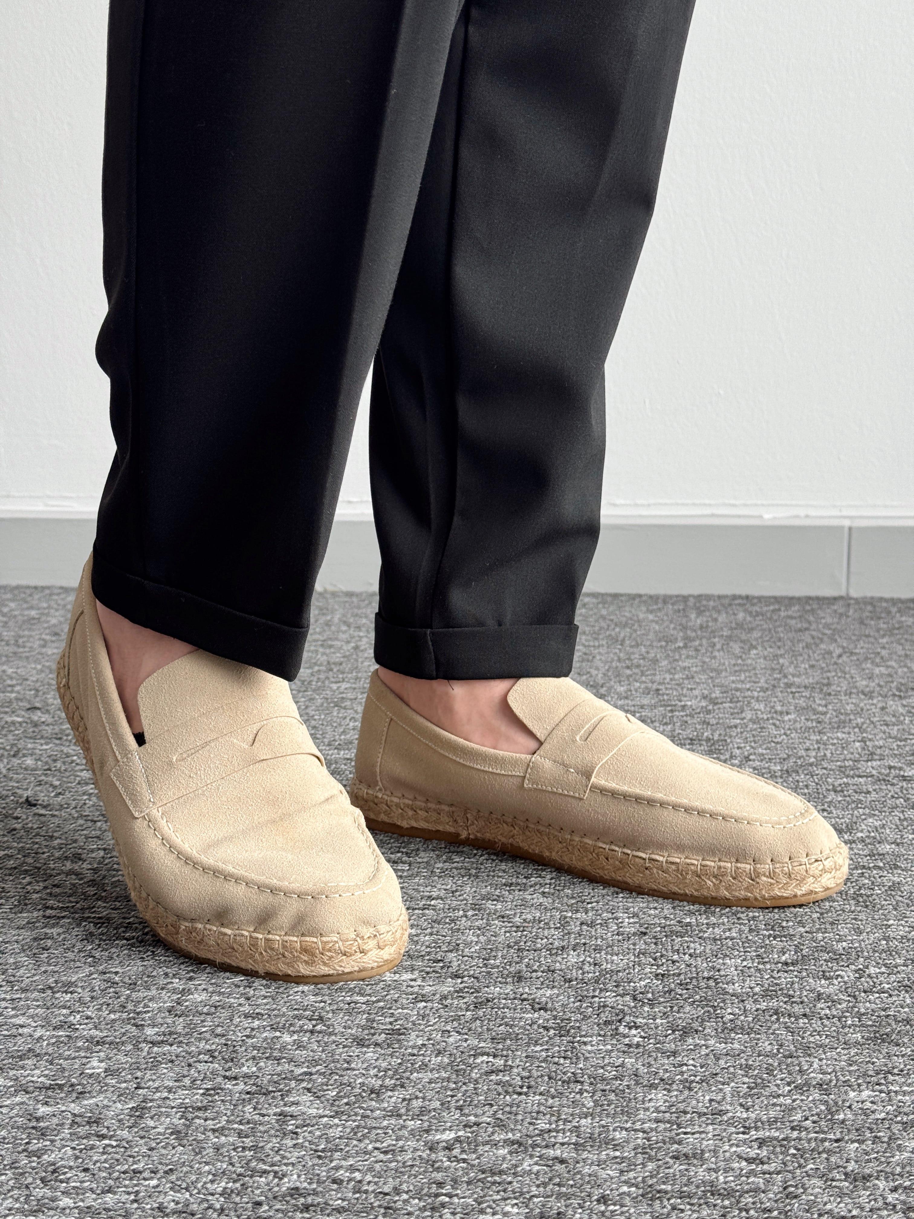 Erkek Premium Kalite Hasır Tabanlı Süet Loafer Ayakkabı-Krem(E1347)Ketench