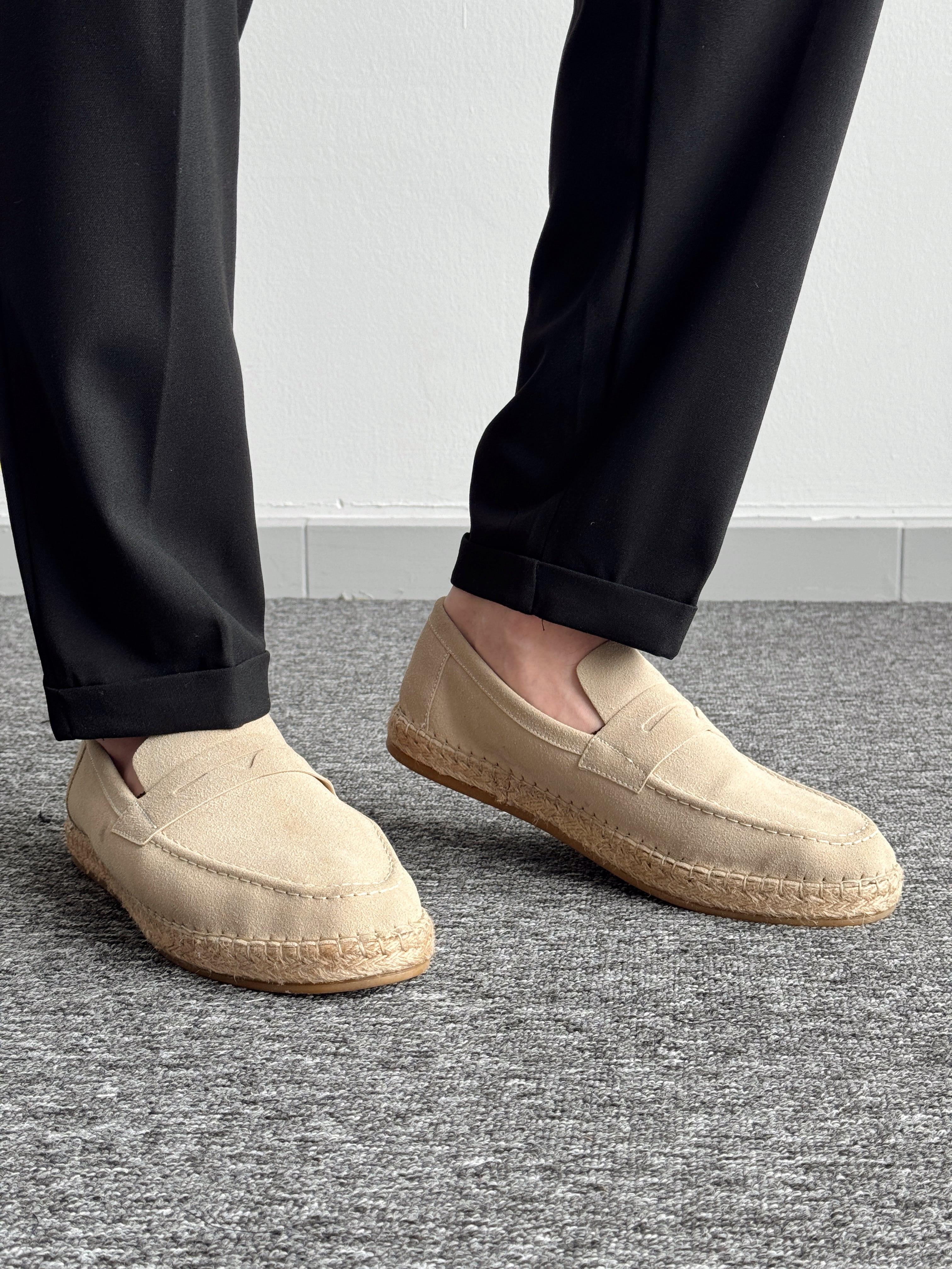 Erkek Premium Kalite Hasır Tabanlı Süet Loafer Ayakkabı-Krem(E1347)Ketench