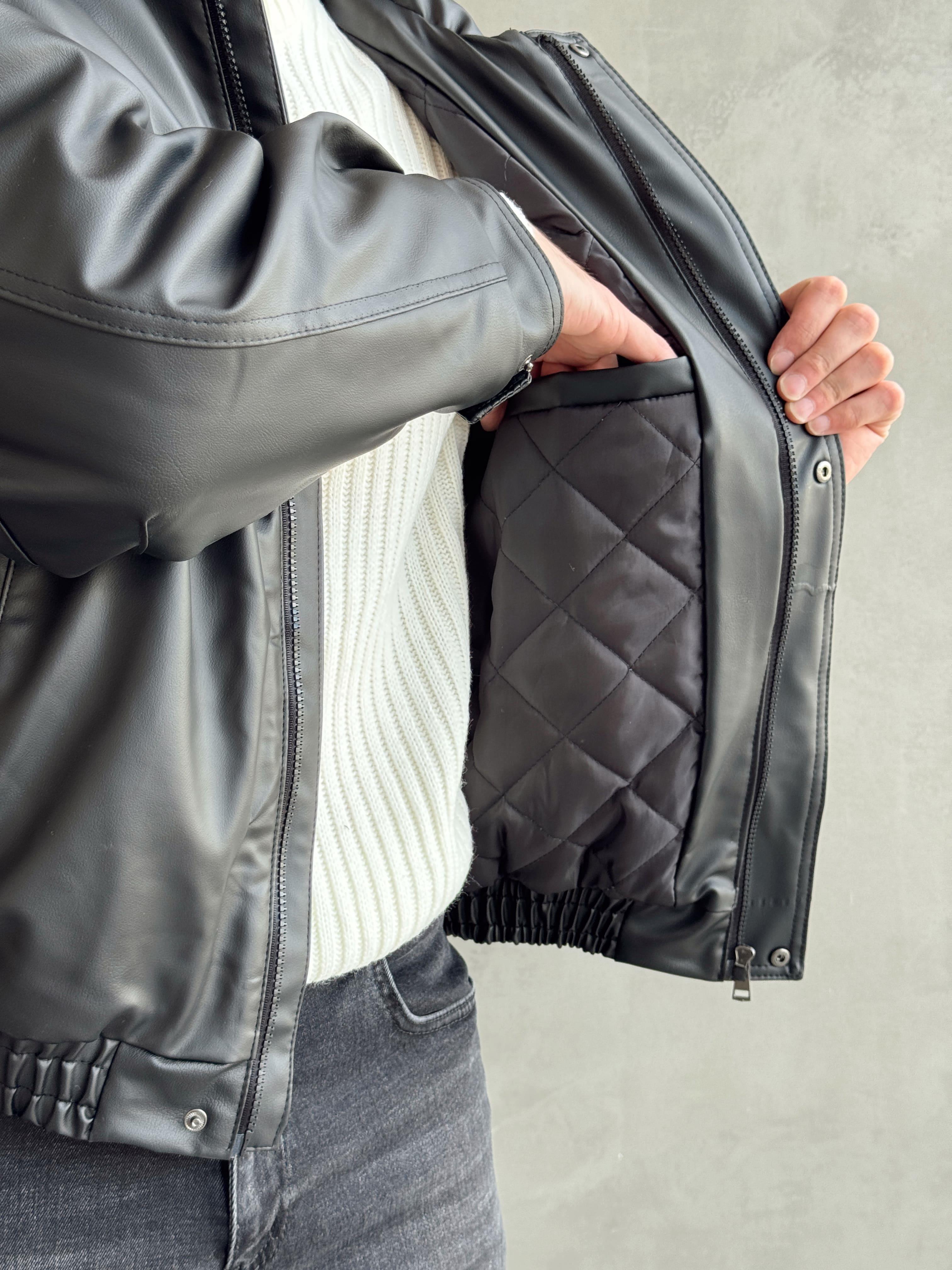 Erkek Premium Kalite Oversize Kalıp Astarlı Deri Bomber Ceket-Siyah(E1459)Ketench