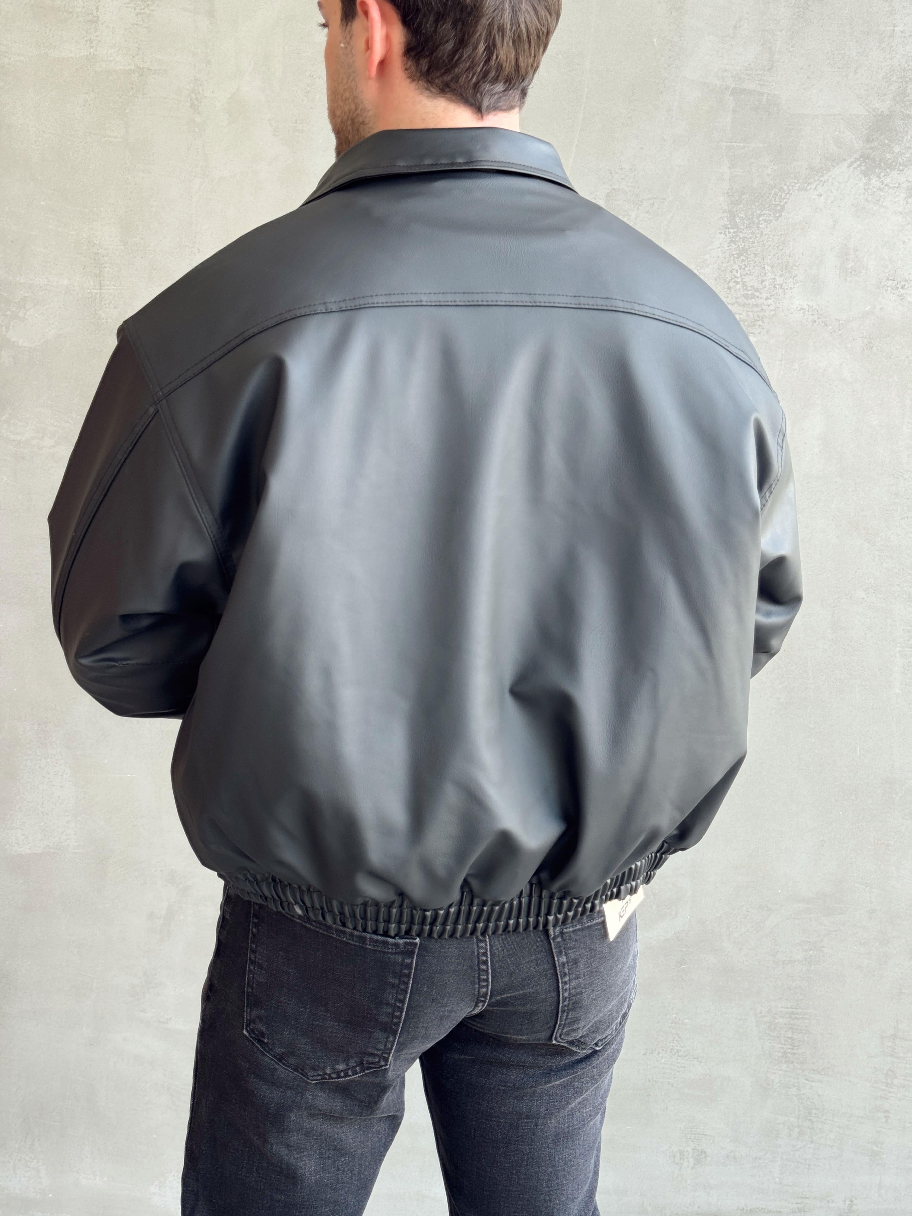 Erkek Premium Kalite Oversize Kalıp Astarlı Deri Bomber Ceket-Siyah(E1459)Ketench