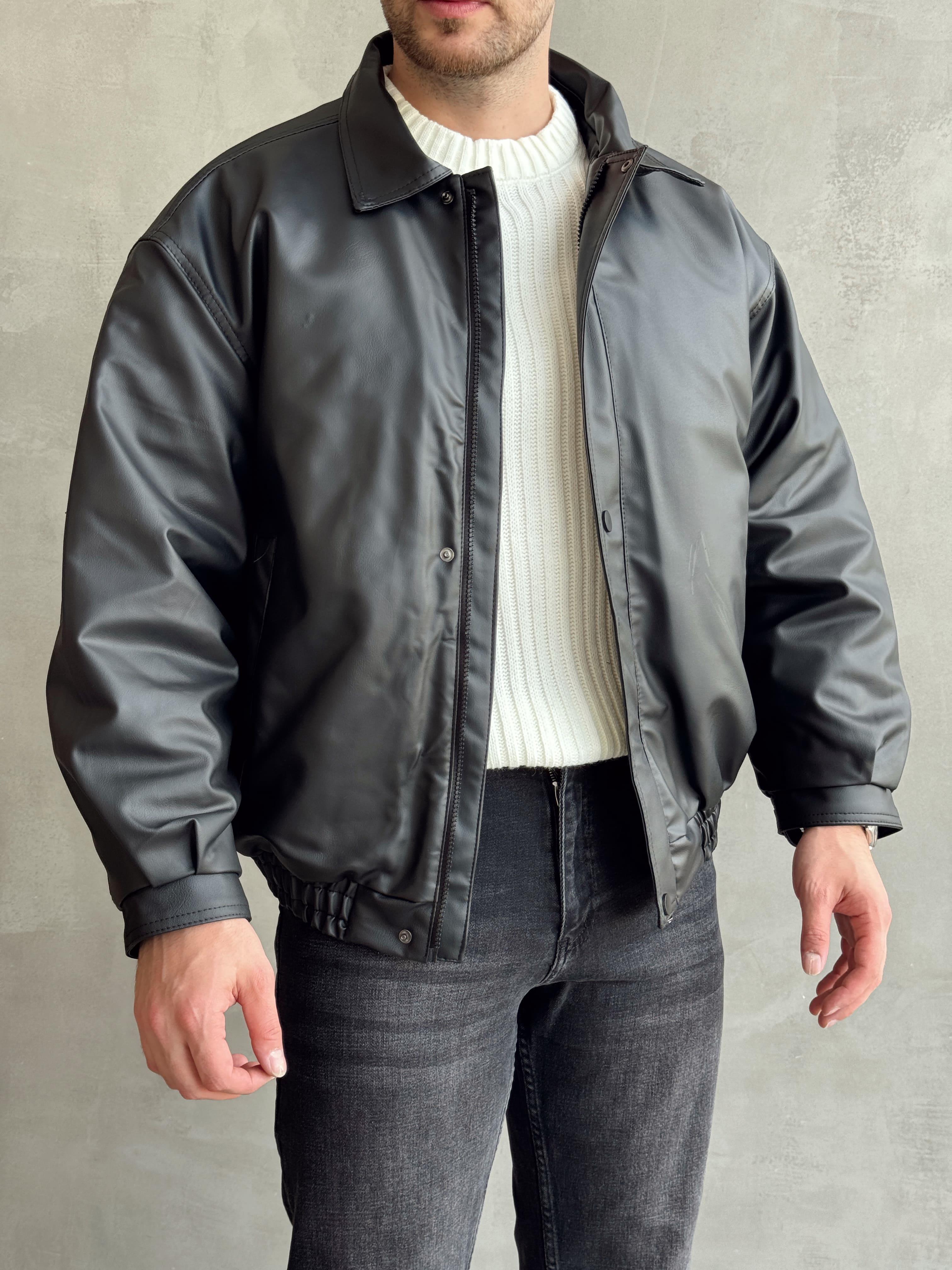 Erkek Premium Kalite Oversize Kalıp Astarlı Deri Bomber Ceket-Siyah(E1459)Ketench