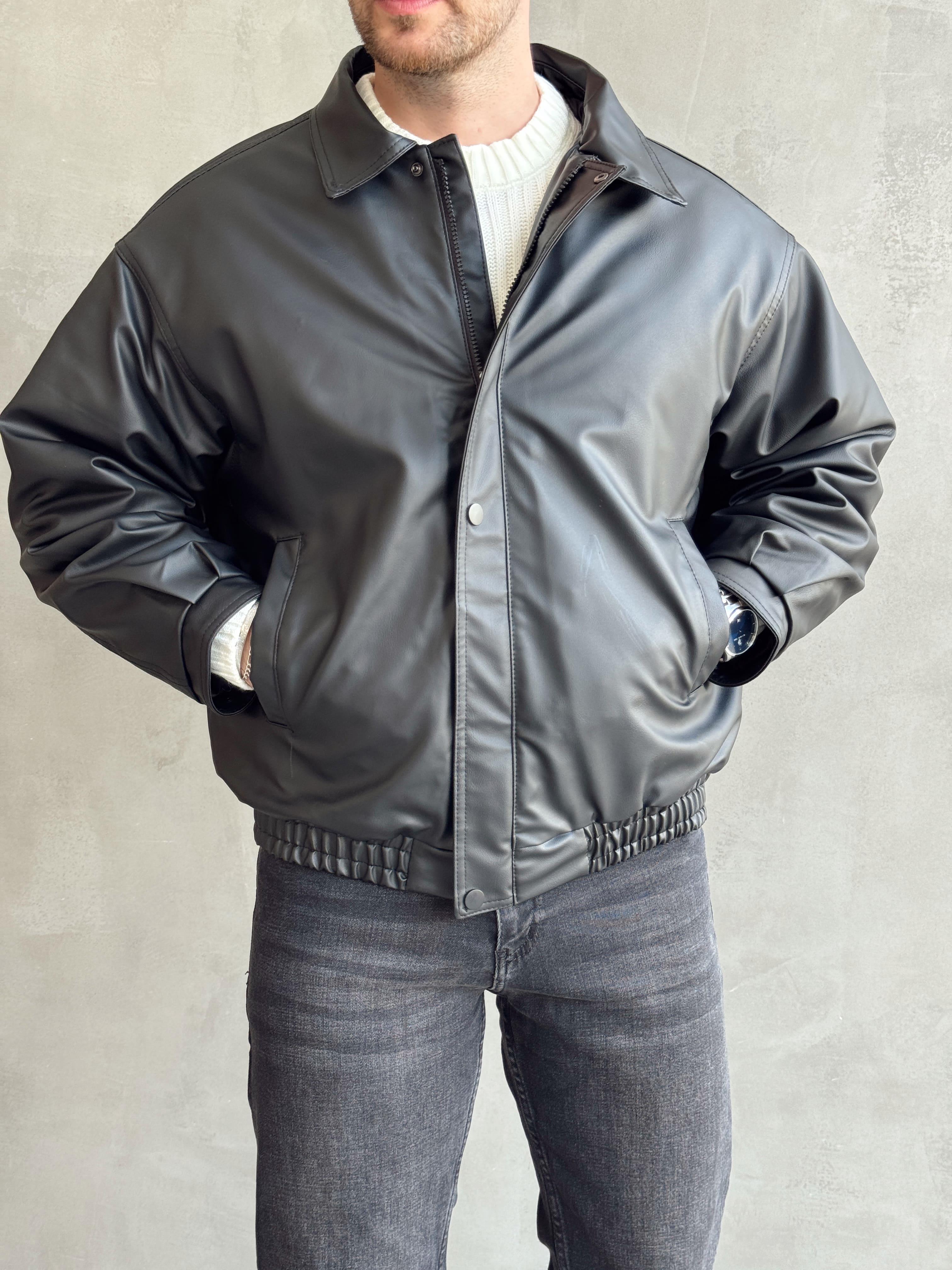 Erkek Premium Kalite Oversize Kalıp Astarlı Deri Bomber Ceket-Siyah(E1459)Ketench