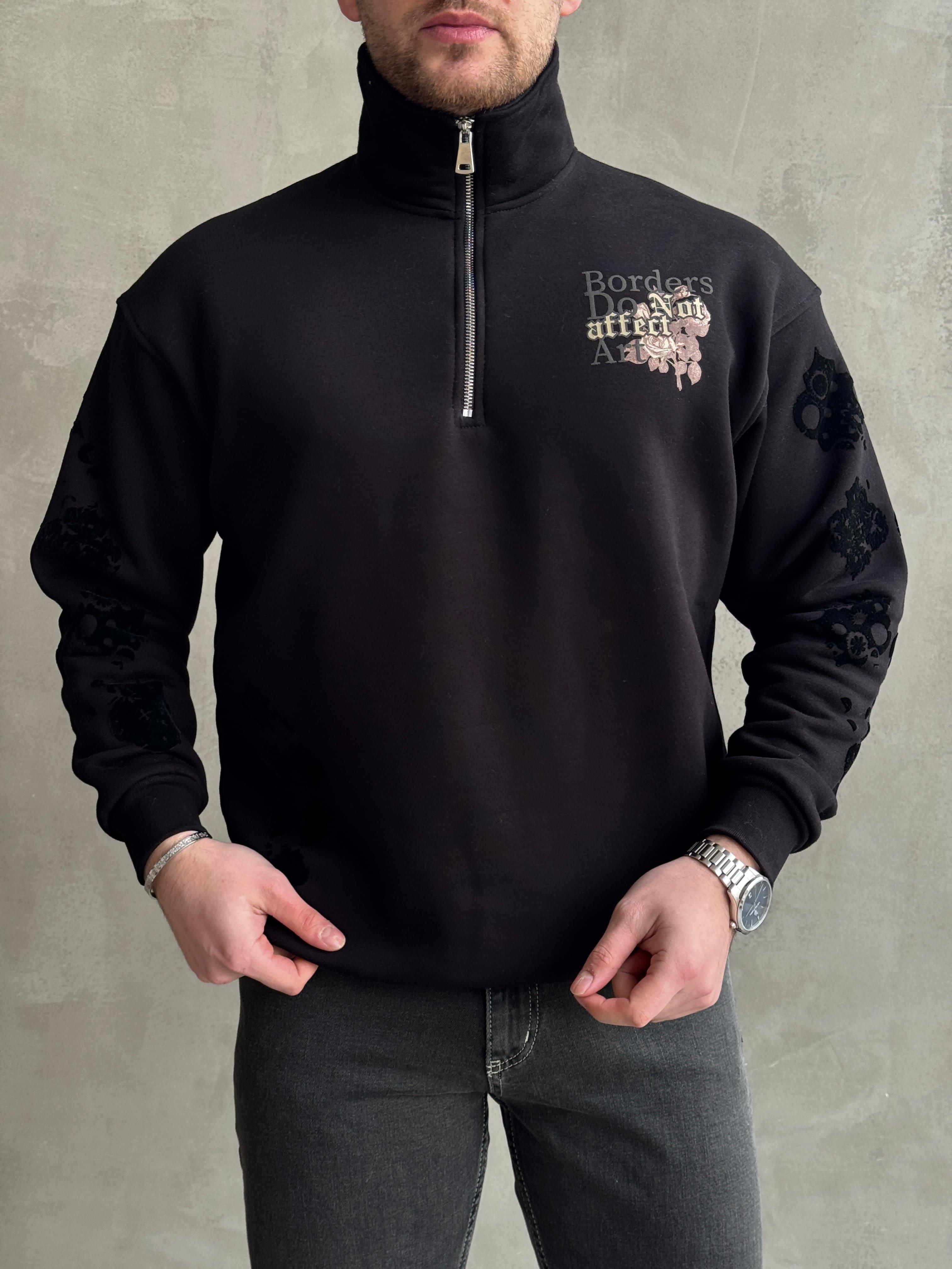 Erkek Premium Kalite Oversize Kalıp Fermuar Detaylı Nakışlı Sweat-Siyah (E1590)Ketench