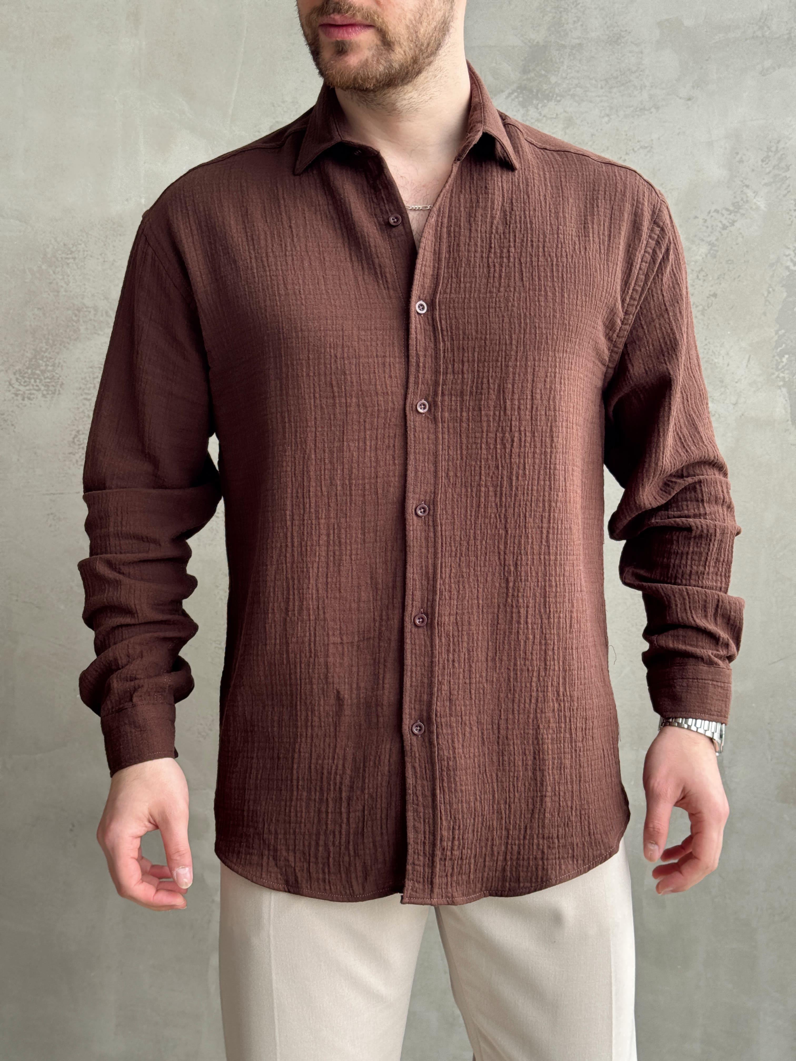 Erkek Premium Kalite Oversize Kalıp Gofre Model Müslin Kumaş Gömlek-Kahverengi(E1633)Ketench