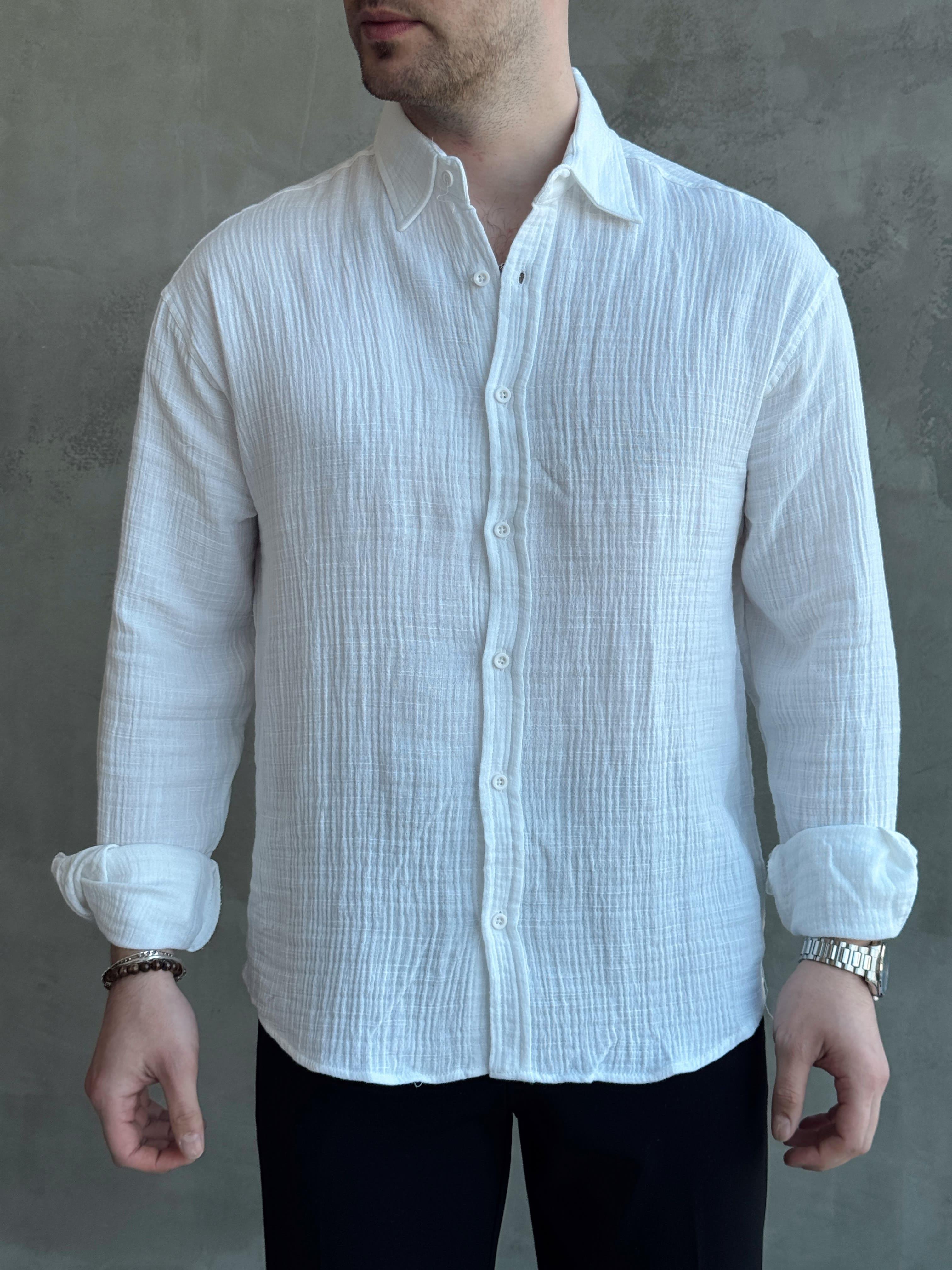 Erkek Premium Kalite Oversize Kalıp Gofre Model Müslin Kumaş Gömlek-Beyaz(E1633)Ketench
