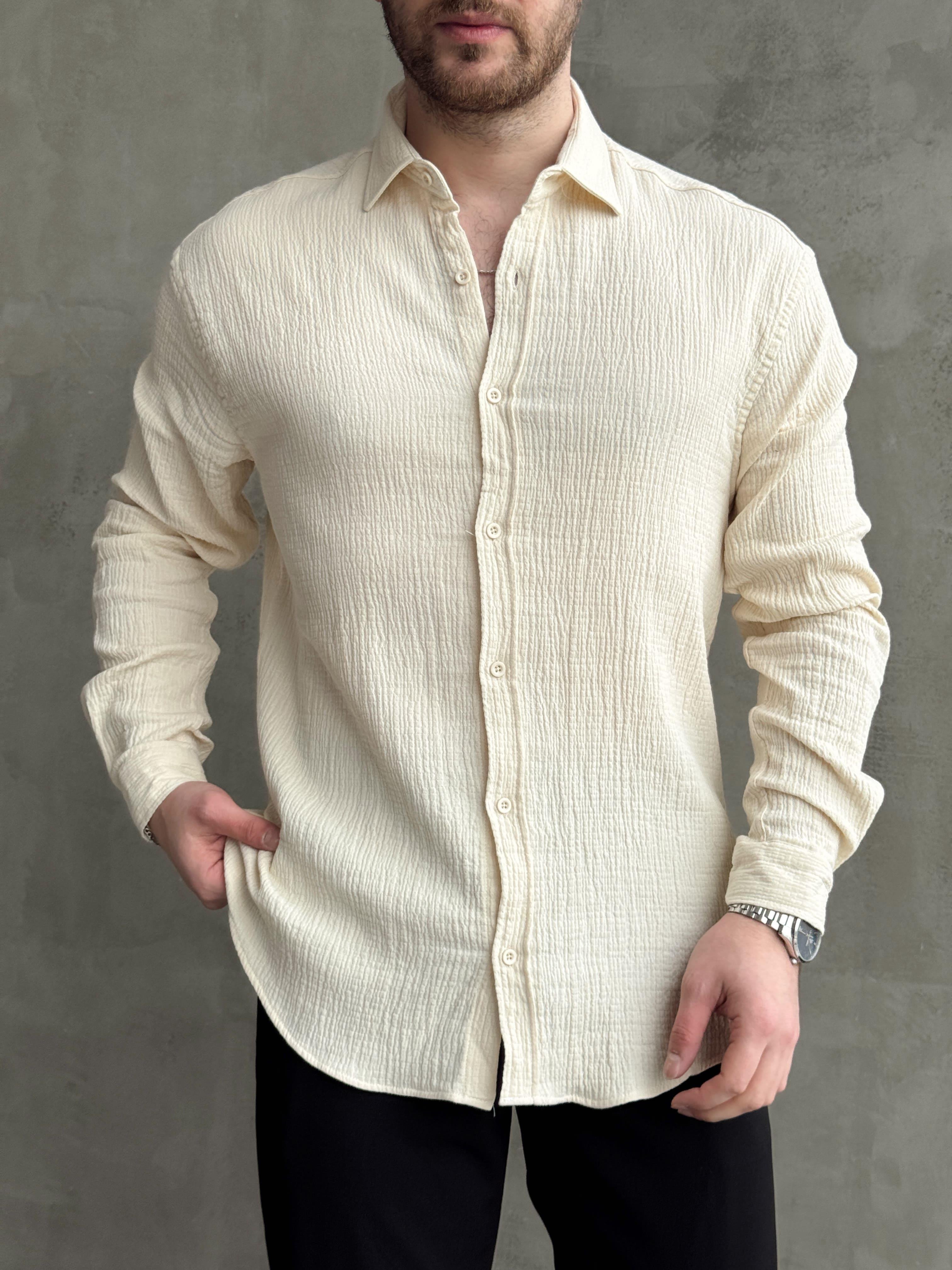 Erkek Premium Kalite Oversize Kalıp Gofre Model Müslin Kumaş Gömlek-Bej(E1633)Ketench