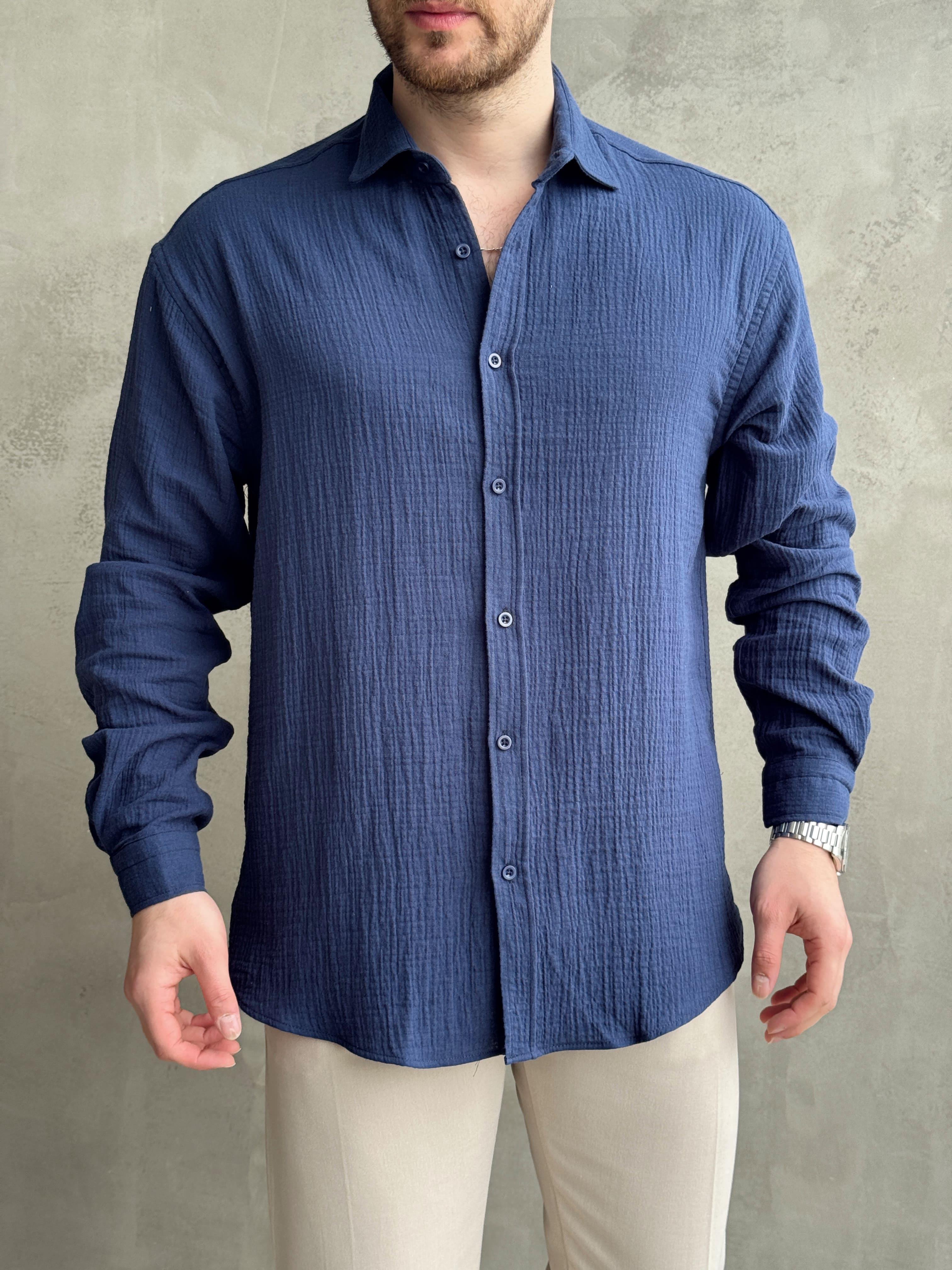Erkek Premium Kalite Oversize Kalıp Gofre Model Müslin Kumaş Gömlek-Lacivert(E1633)Ketench
