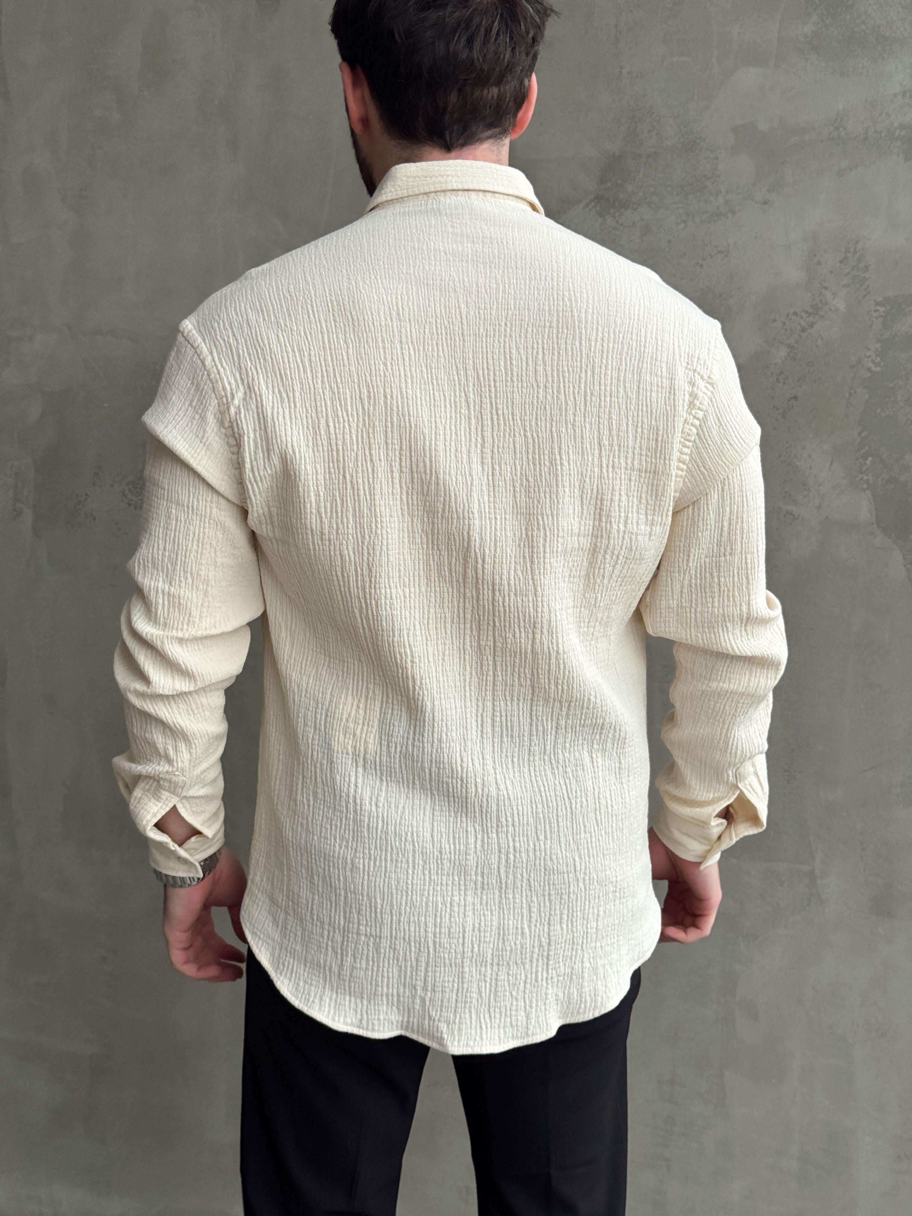 Erkek Premium Kalite Oversize Kalıp Gofre Model Müslin Kumaş Gömlek-Bej(E1633)Ketench
