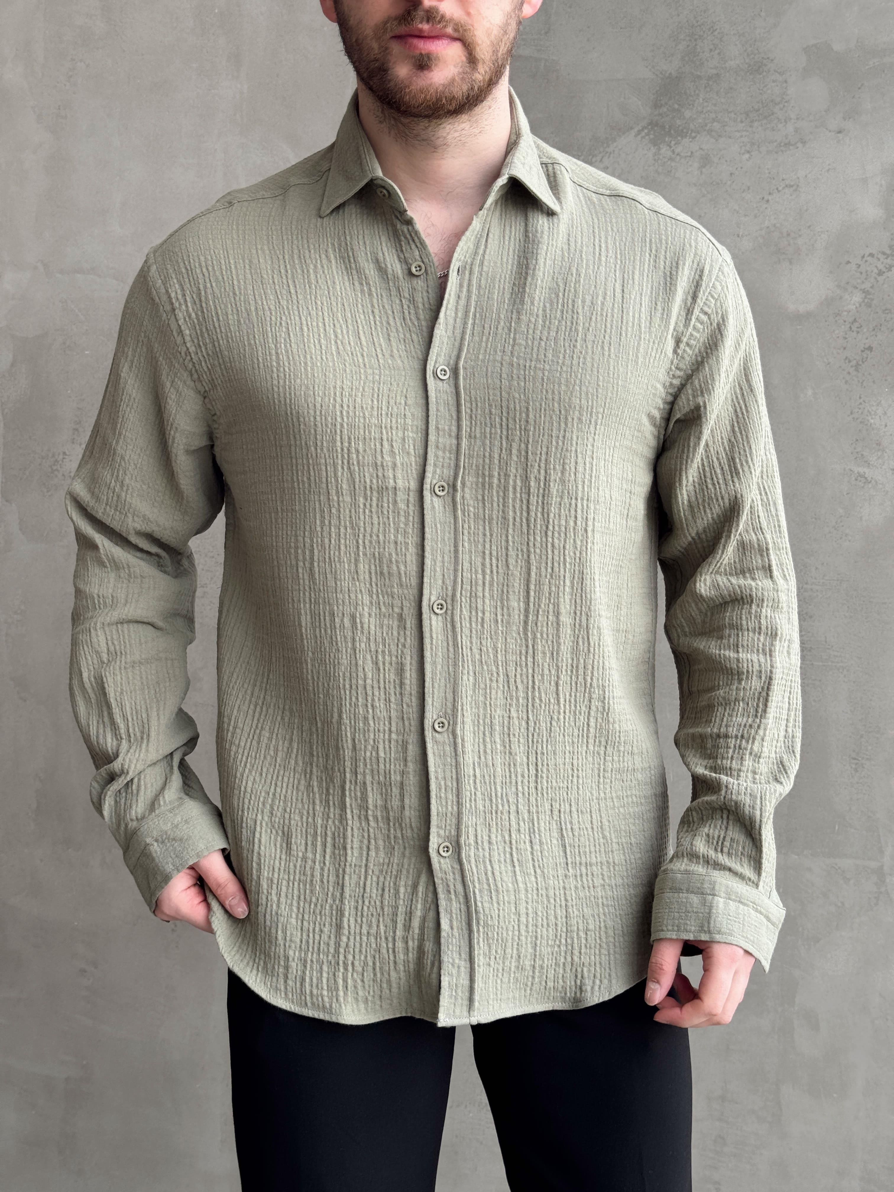Erkek Premium Kalite Oversize Kalıp Gofre Model Müslin Kumaş Gömlek-Haki(E1633)Ketench