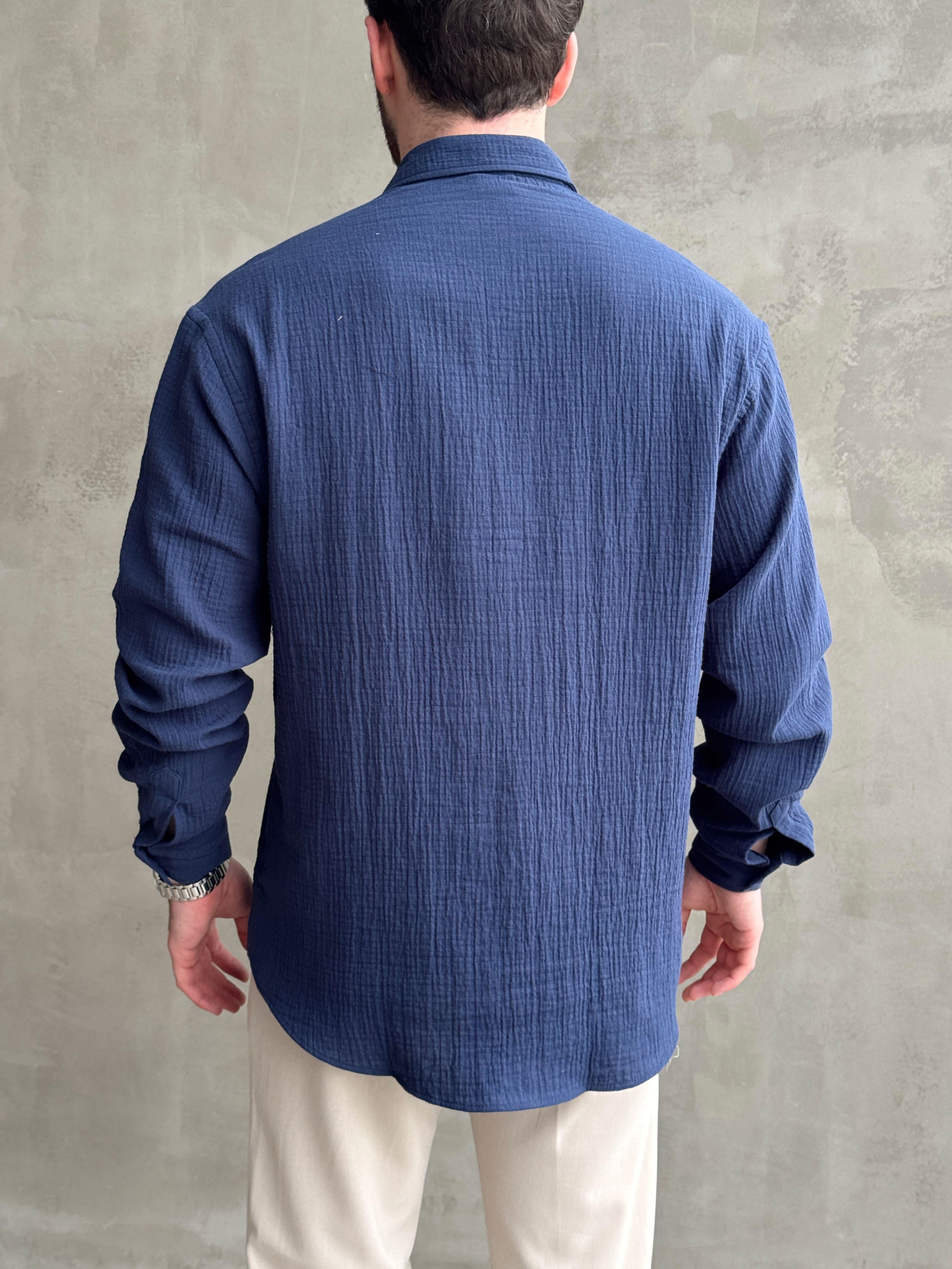 Erkek Premium Kalite Oversize Kalıp Gofre Model Müslin Kumaş Gömlek-Lacivert(E1633)Ketench