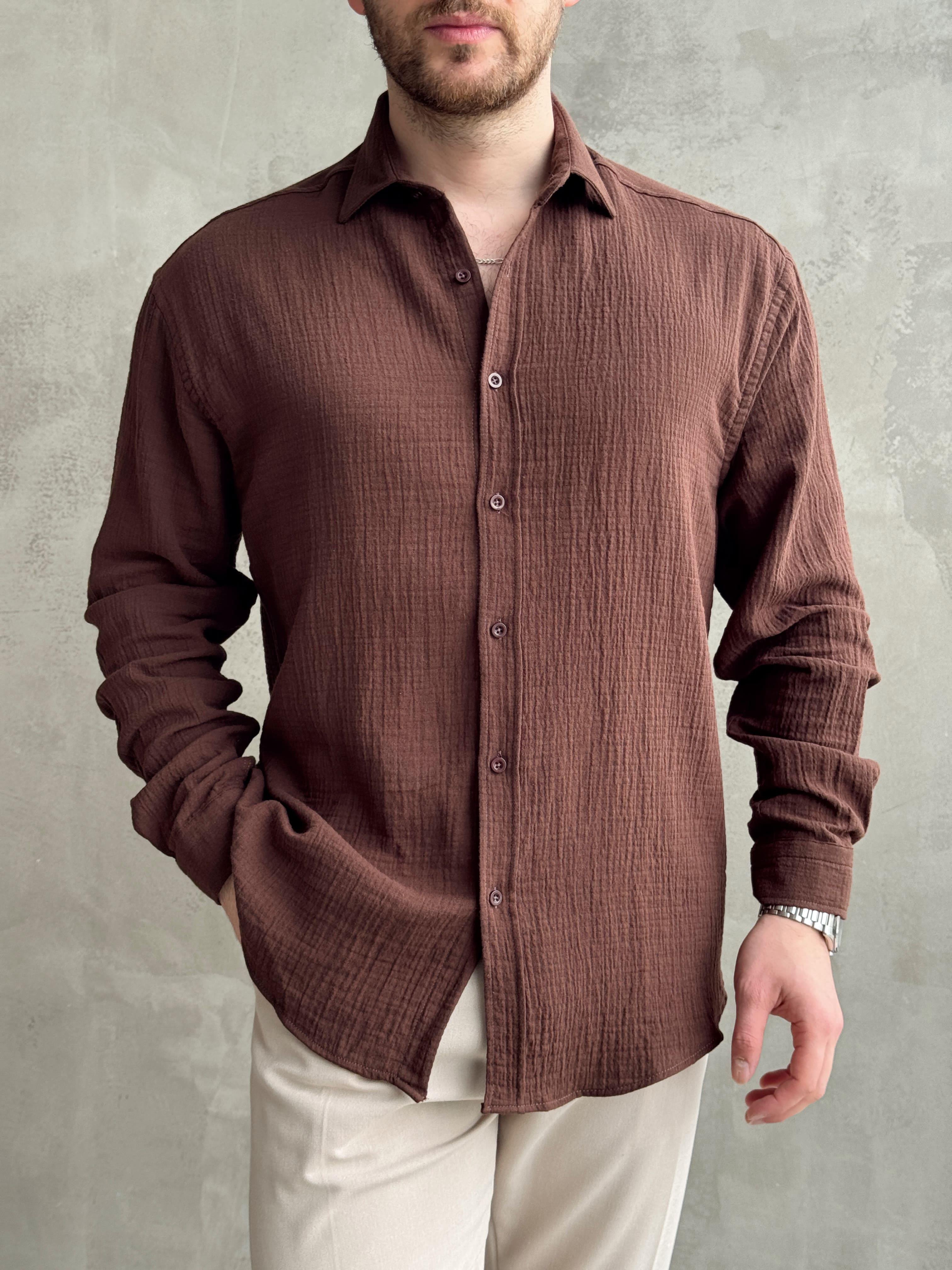 Erkek Premium Kalite Oversize Kalıp Gofre Model Müslin Kumaş Gömlek-Kahverengi(E1633)Ketench