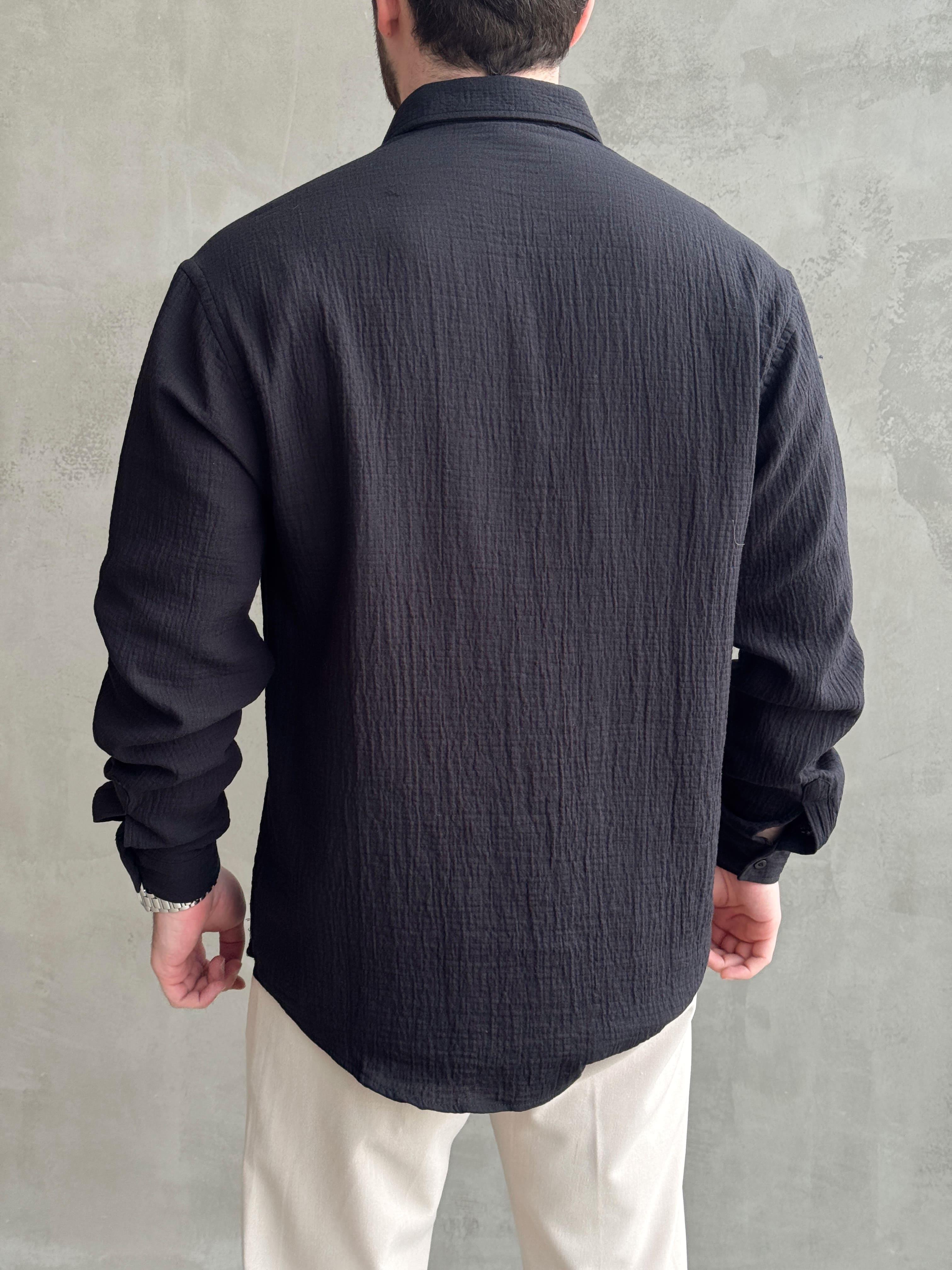 Erkek Premium Kalite Oversize Kalıp Gofre Model Müslin Kumaş Gömlek-Siyah(E1633)Ketench
