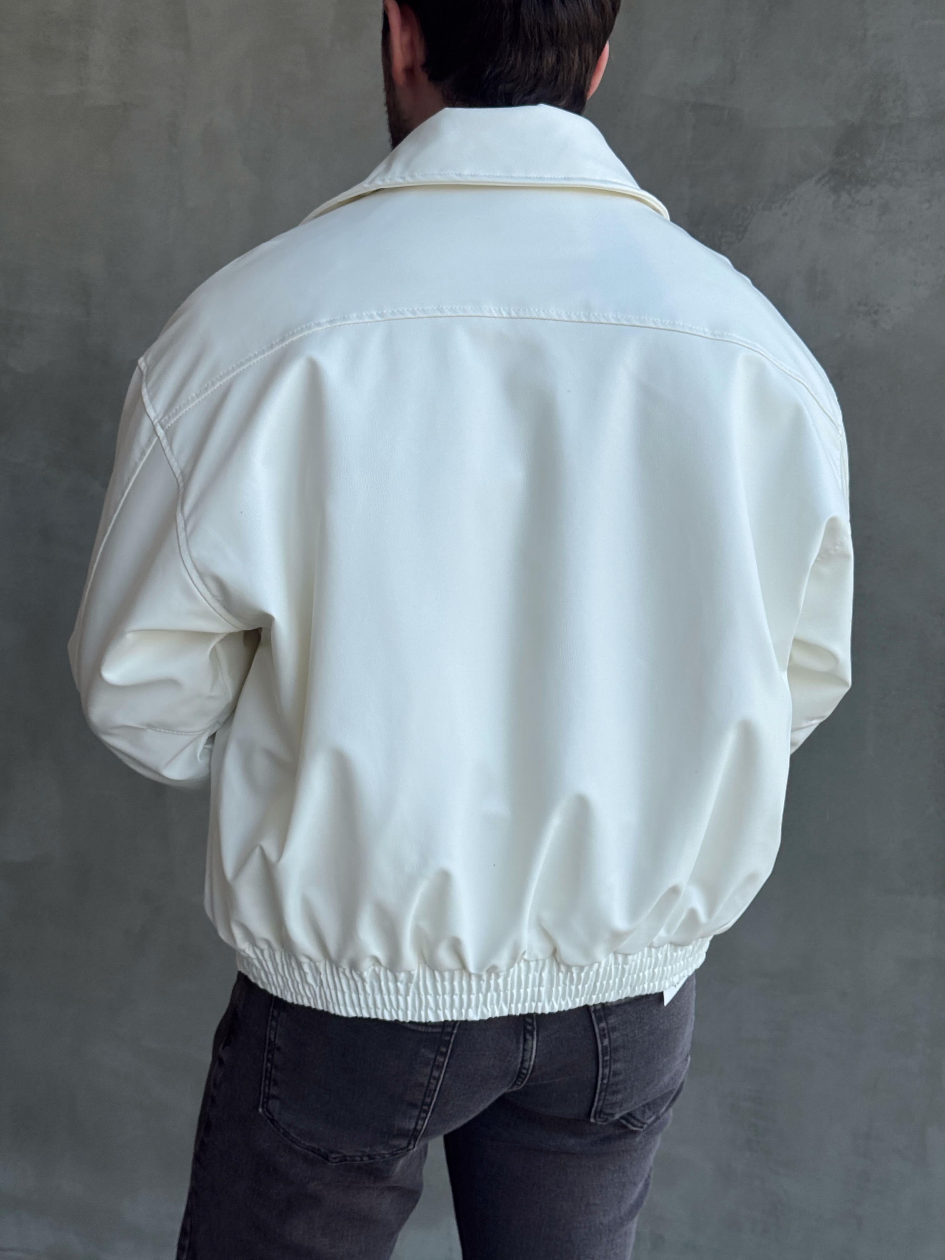Erkek Premium Kalite Oversize Kalıp İçi Astarlı Bomber Deri Ceket-Beyaz(E1539)Ketench