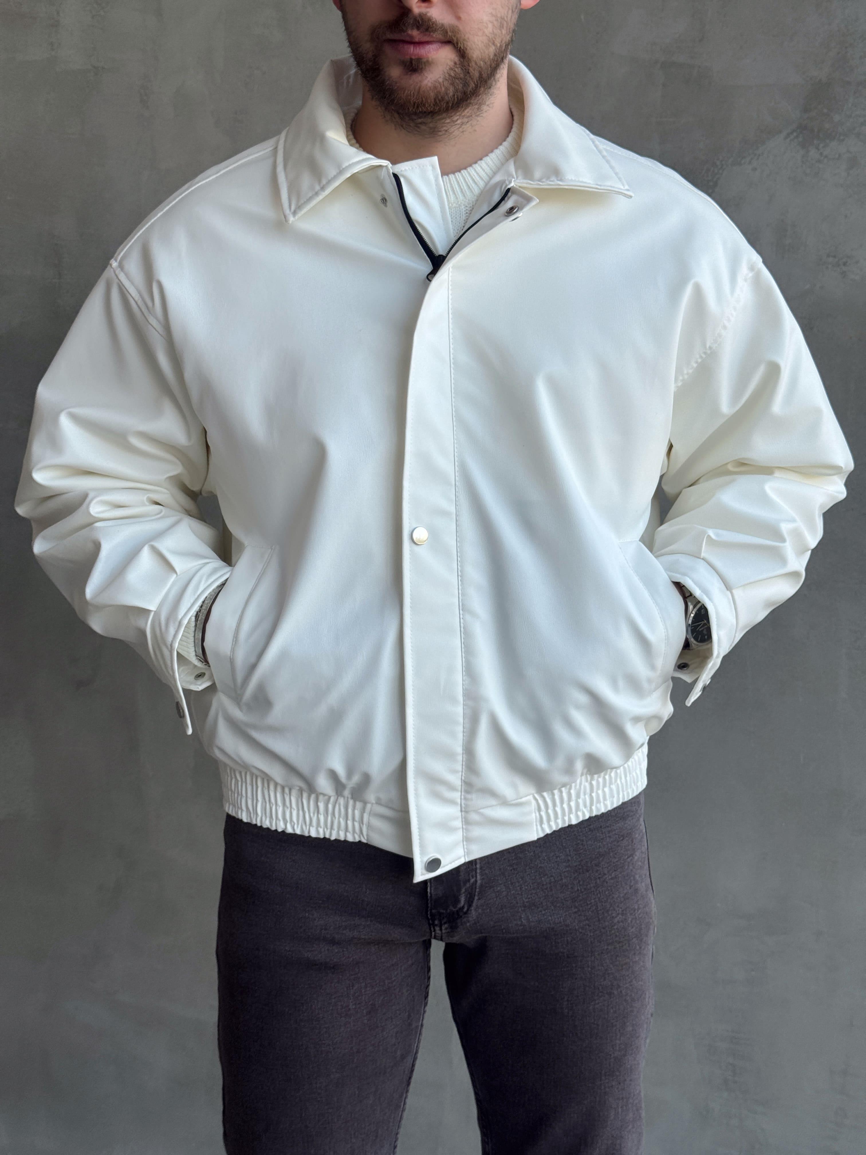 Erkek Premium Kalite Oversize Kalıp İçi Astarlı Bomber Deri Ceket-Beyaz(E1539)Ketench