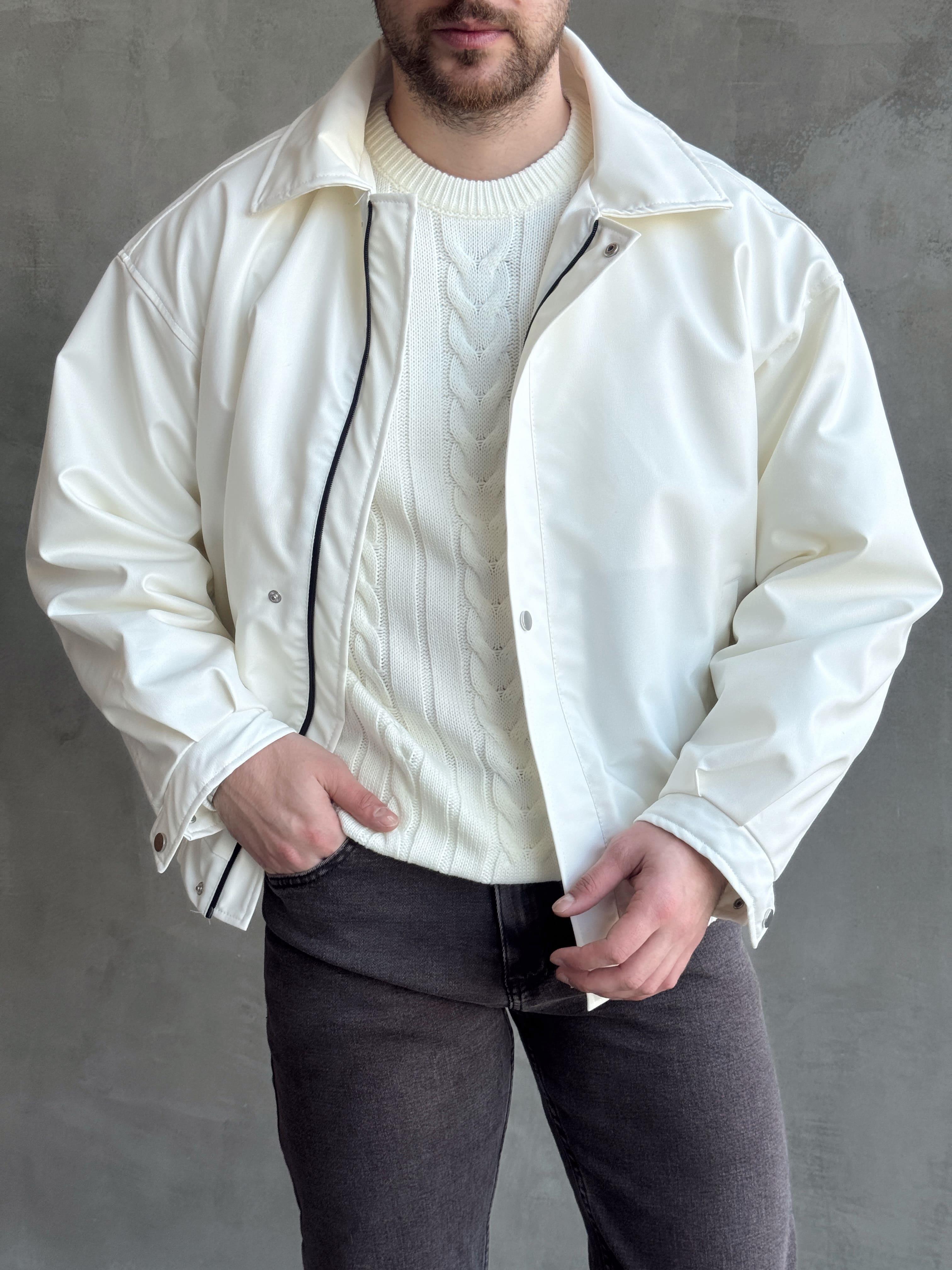 Erkek Premium Kalite Oversize Kalıp İçi Astarlı Bomber Deri Ceket-Beyaz(E1539)Ketench