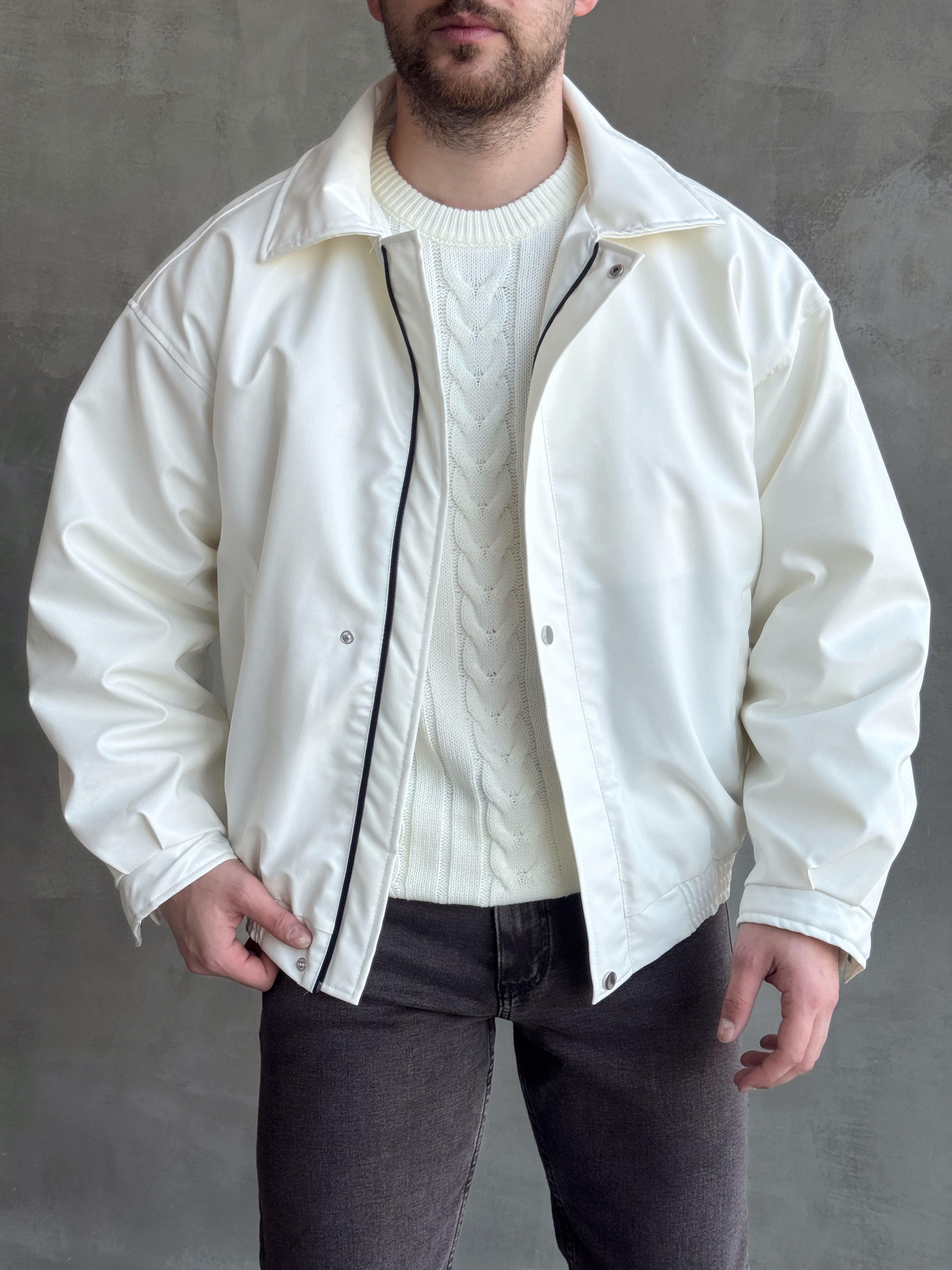 Erkek Premium Kalite Oversize Kalıp İçi Astarlı Bomber Deri Ceket-Beyaz(E1539)Ketench