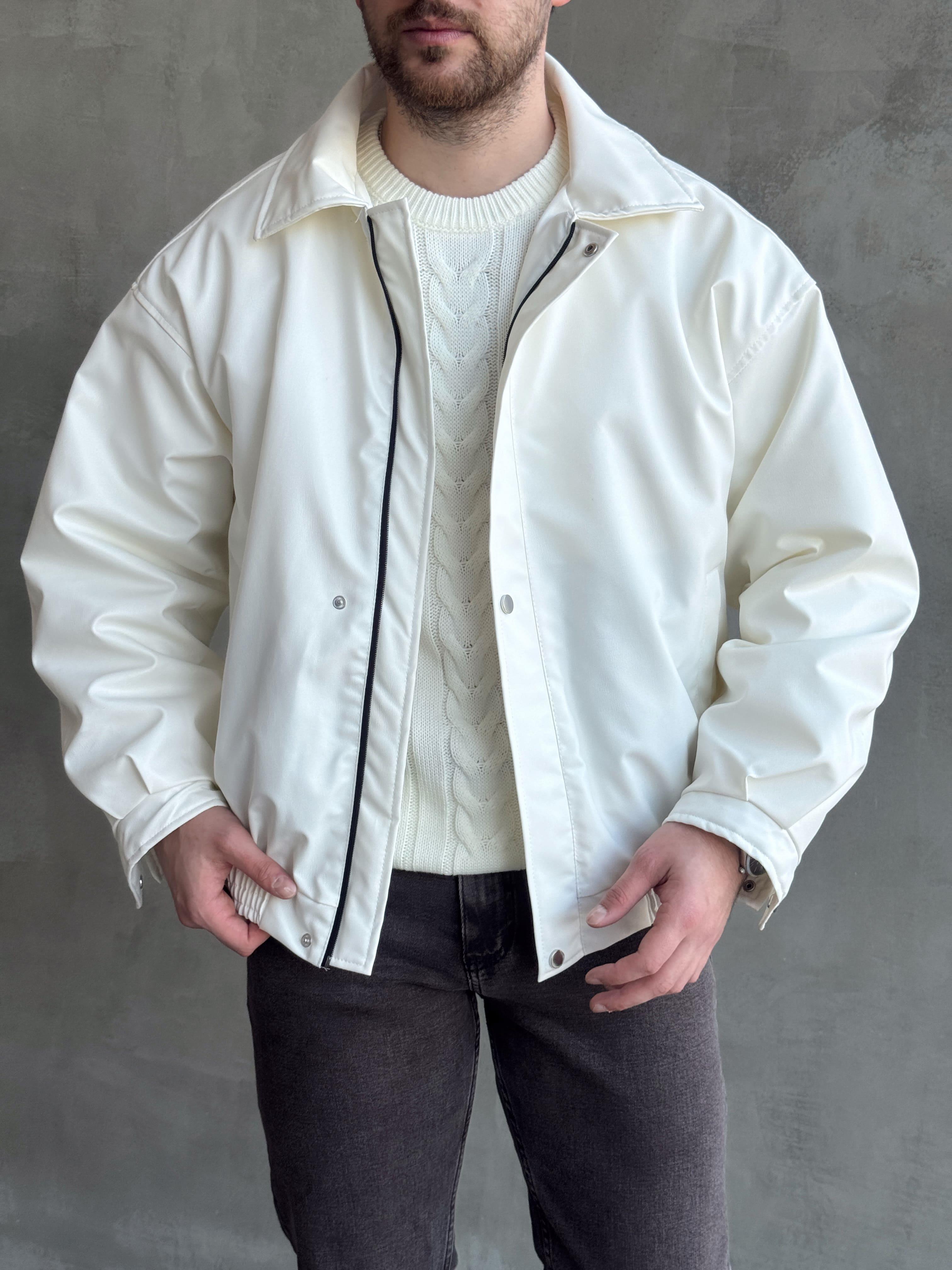 Erkek Premium Kalite Oversize Kalıp İçi Astarlı Bomber Deri Ceket-Beyaz(E1539)Ketench