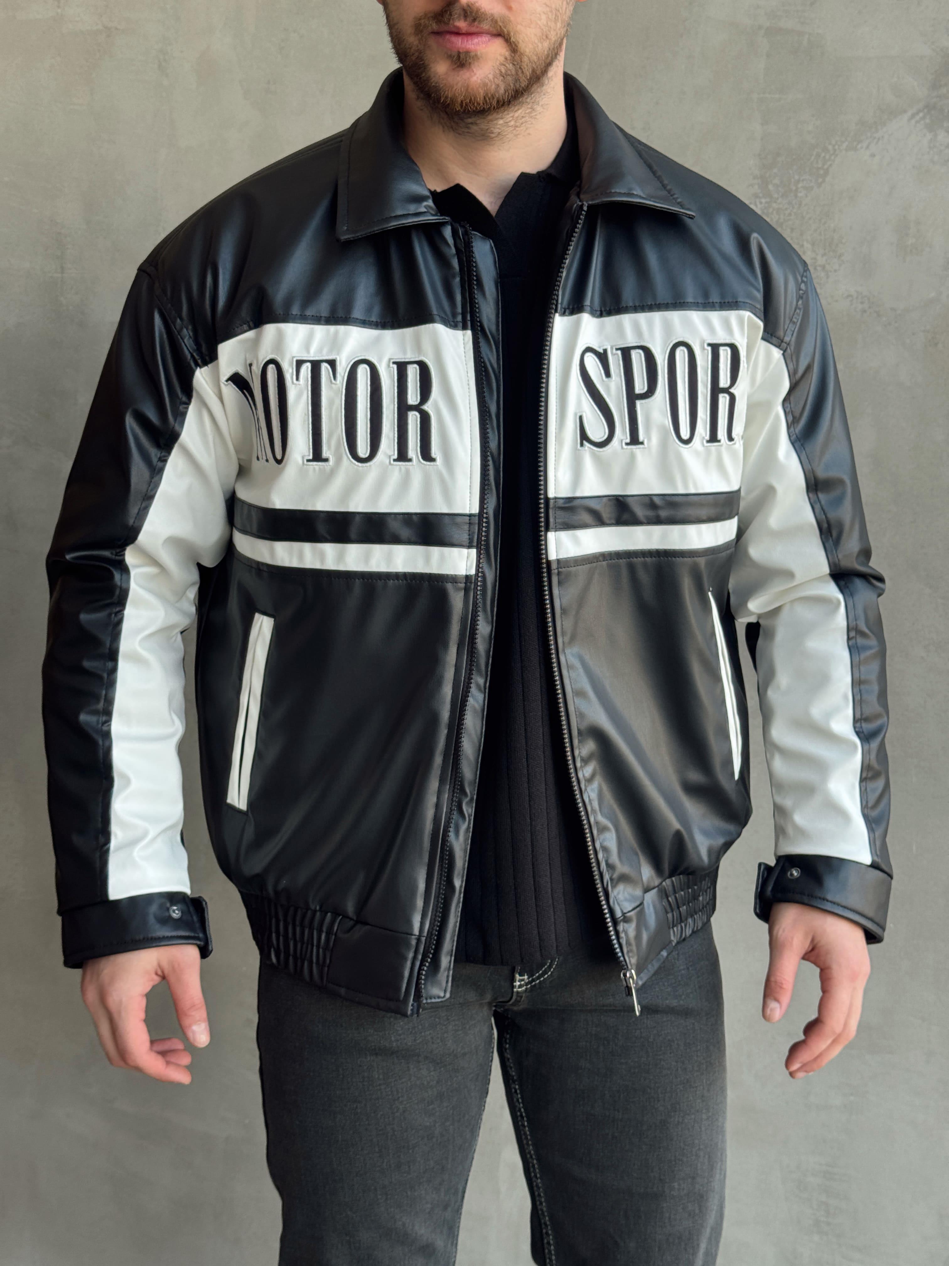 Erkek Premium Kalite Oversize Kalıp Lastik Detay Motor Sport Deri Ceket-Siyah(E1538)Ketench