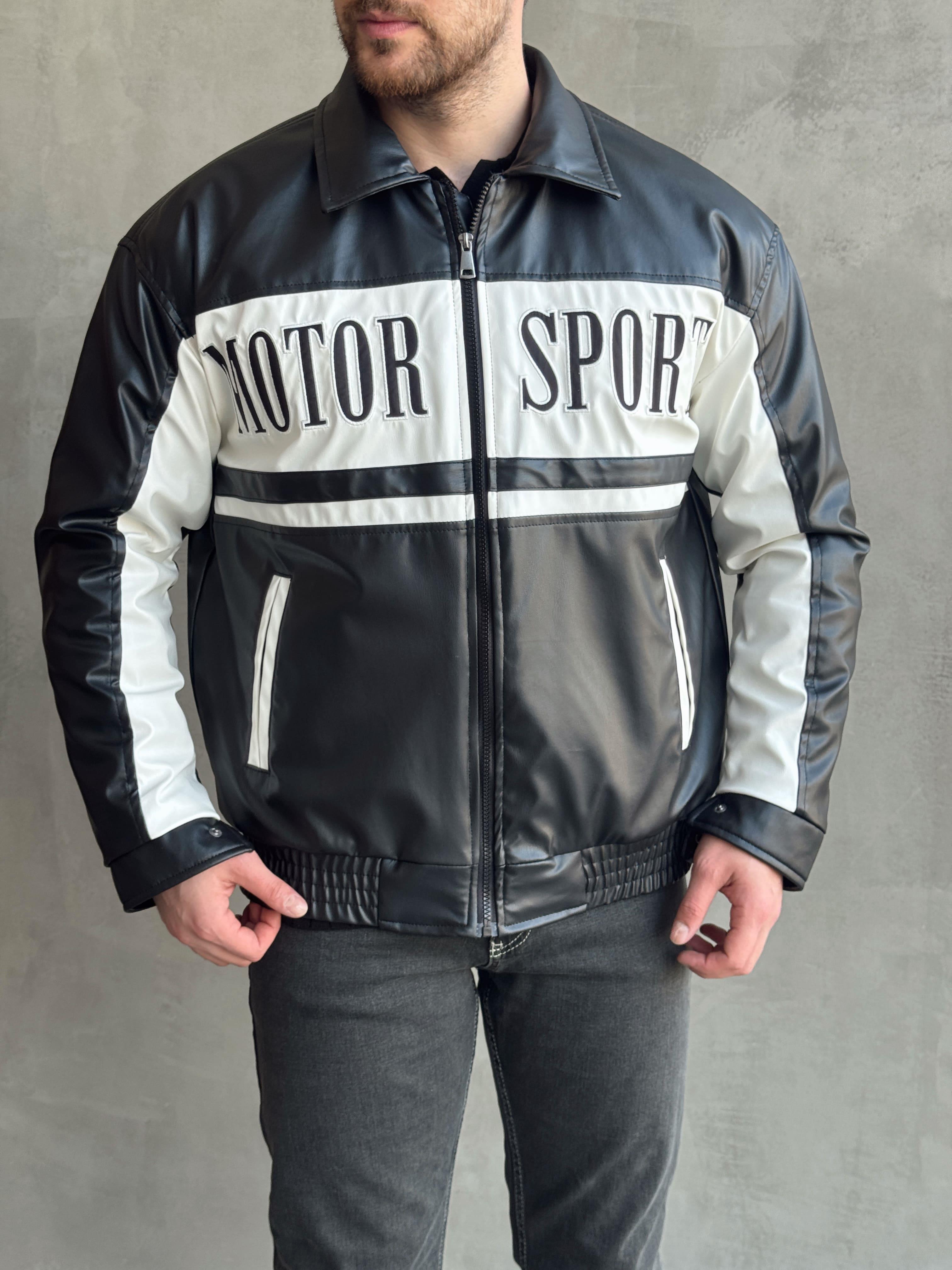 Erkek Premium Kalite Oversize Kalıp Lastik Detay Motor Sport Deri Ceket-Siyah(E1538)Ketench